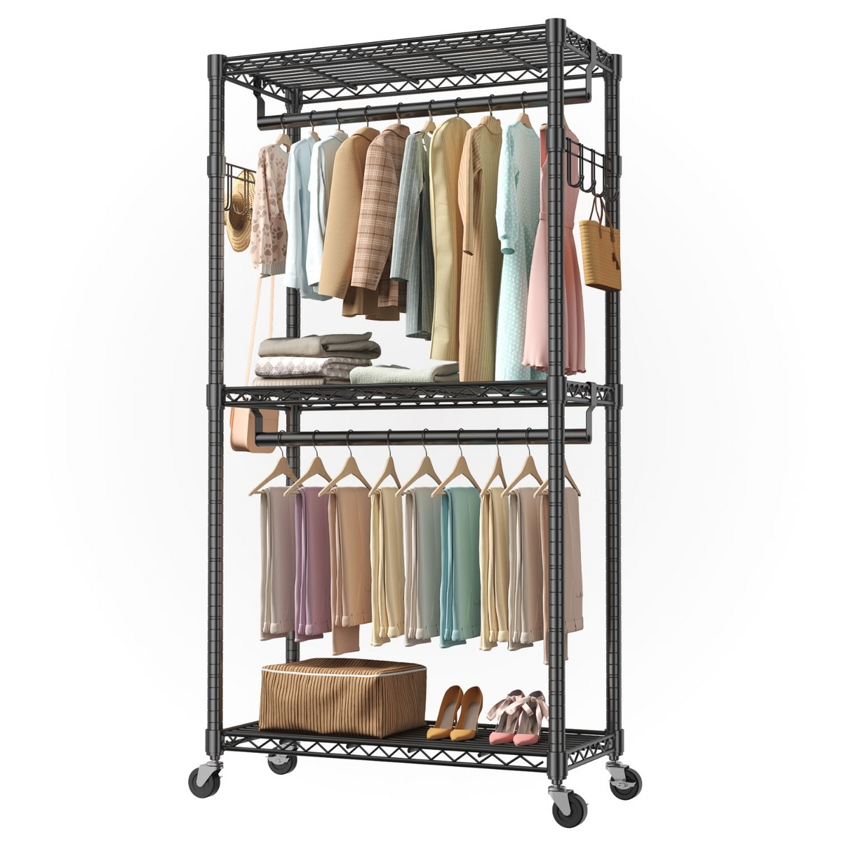 Roomisland Clothes Rack Heavy Duty, 3-Tier Rolling Garment Rack with Double Hanging Rods & Side Hooks, Adjustable Wire Shelving for Bedroom, Laundry Room