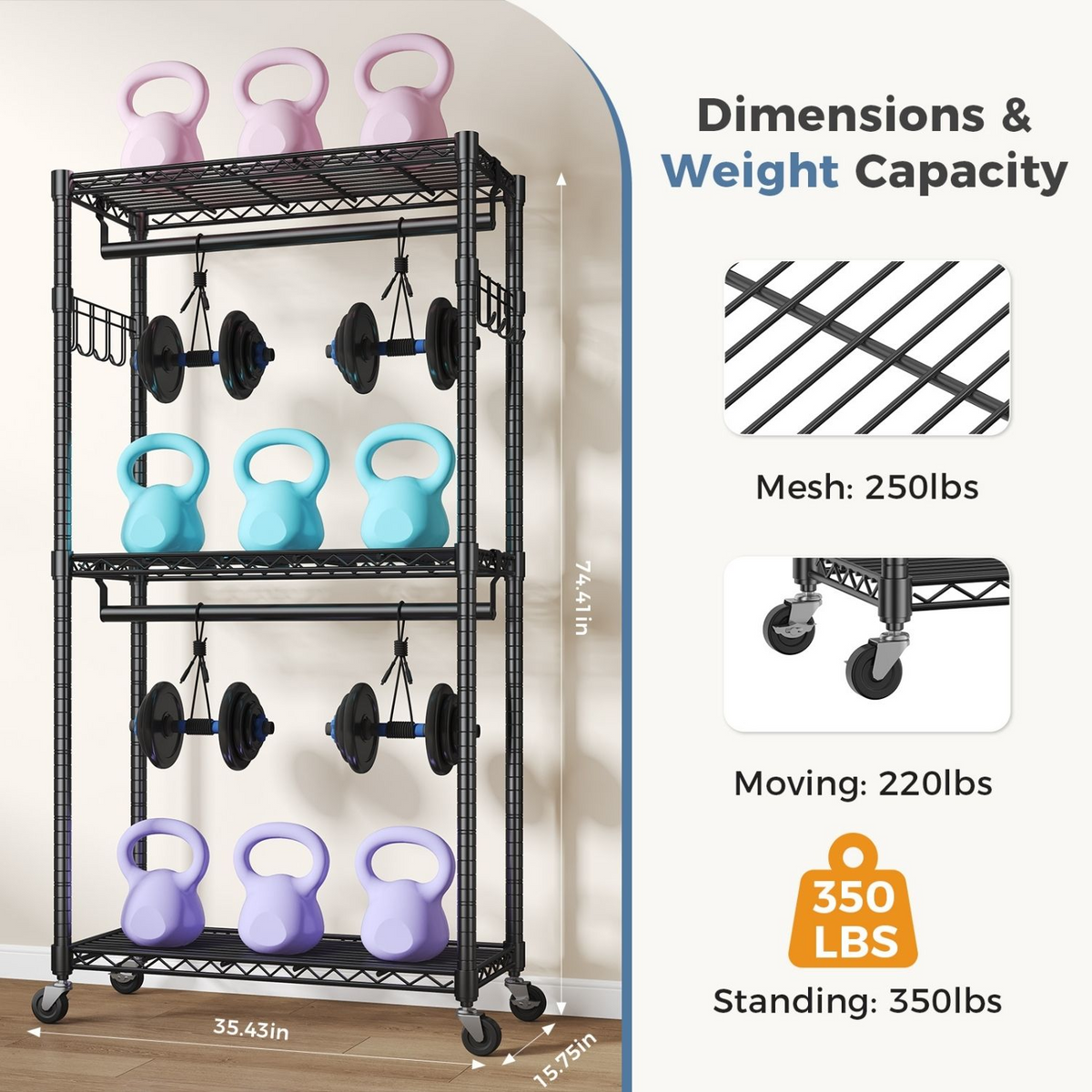 Roomisland Clothes Rack Heavy Duty, 3-Tier Rolling Garment Rack with Double Hanging Rods & Side Hooks, Adjustable Wire Shelving for Bedroom, Laundry Room
