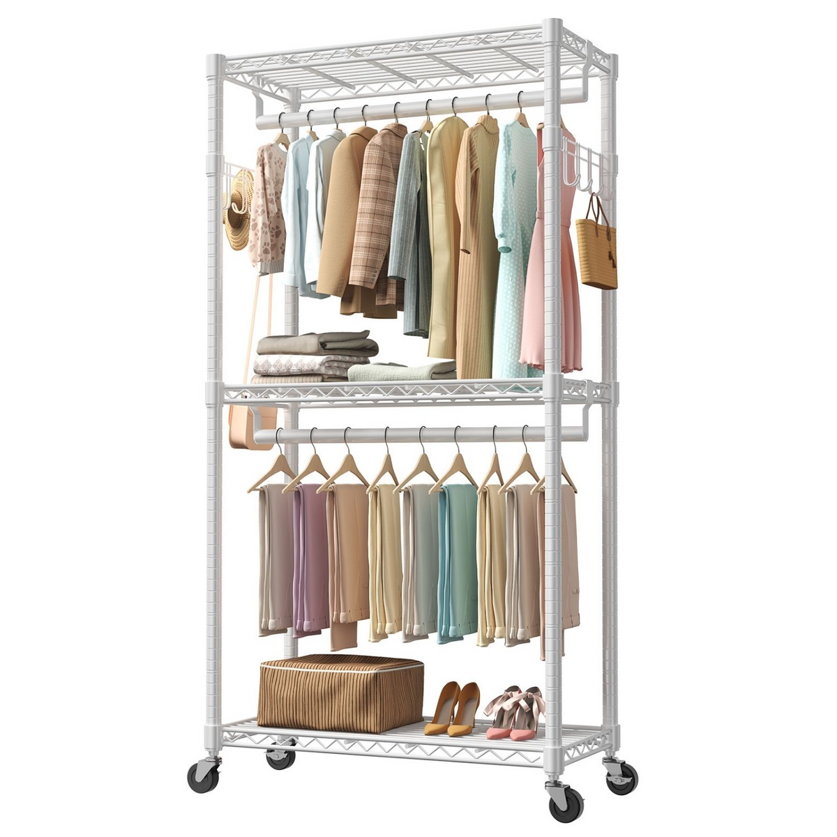 Roomisland Clothes Rack Heavy Duty, 3-Tier Rolling Garment Rack with Double Hanging Rods & Side Hooks, Adjustable Wire Shelving for Bedroom, Laundry Room
