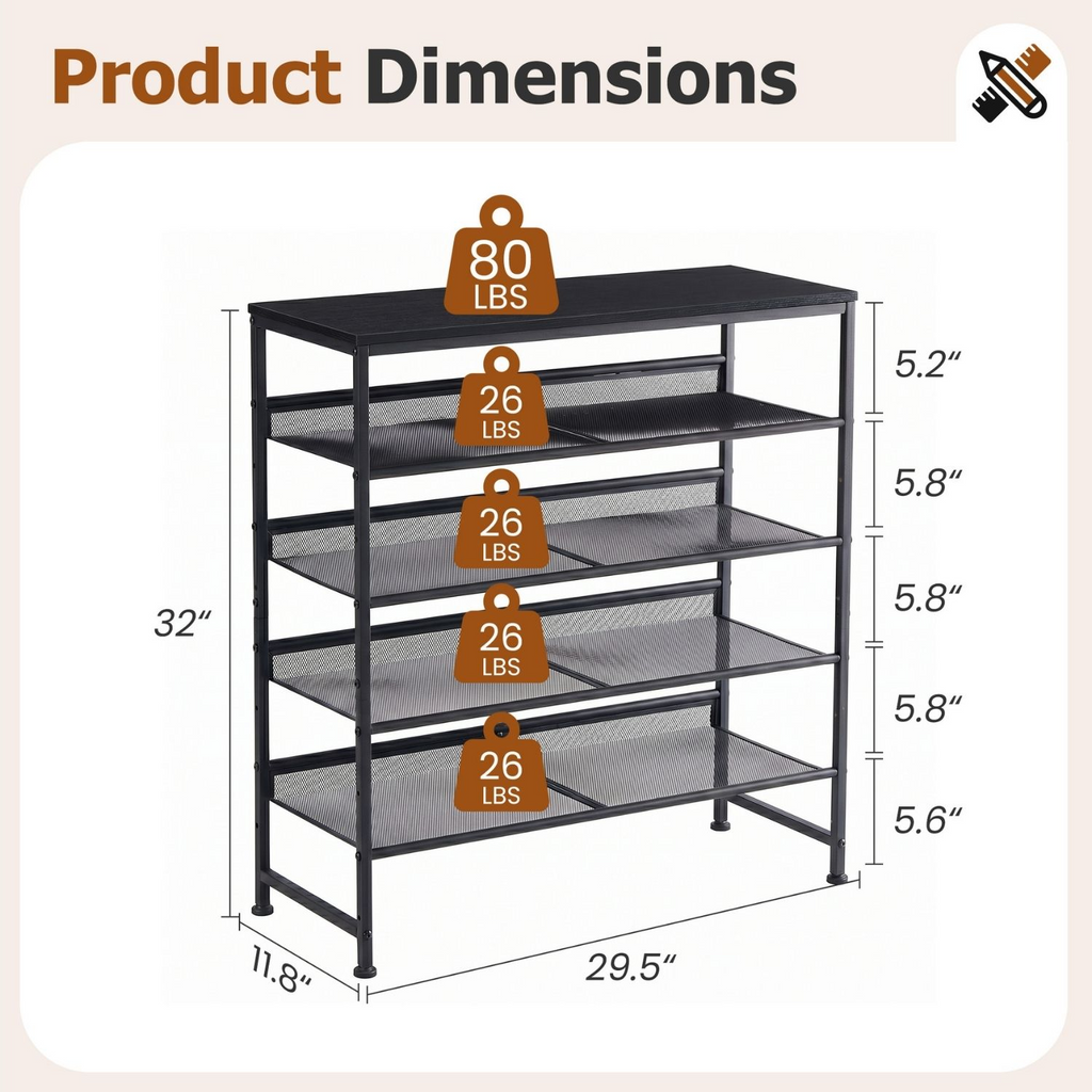 Roomisland Shoe Rack for Entryway 5-Tier, Metal Shoe Organizer with Adjustable Mesh Shelves, Heavy Duty Shoe Storage for Entryway