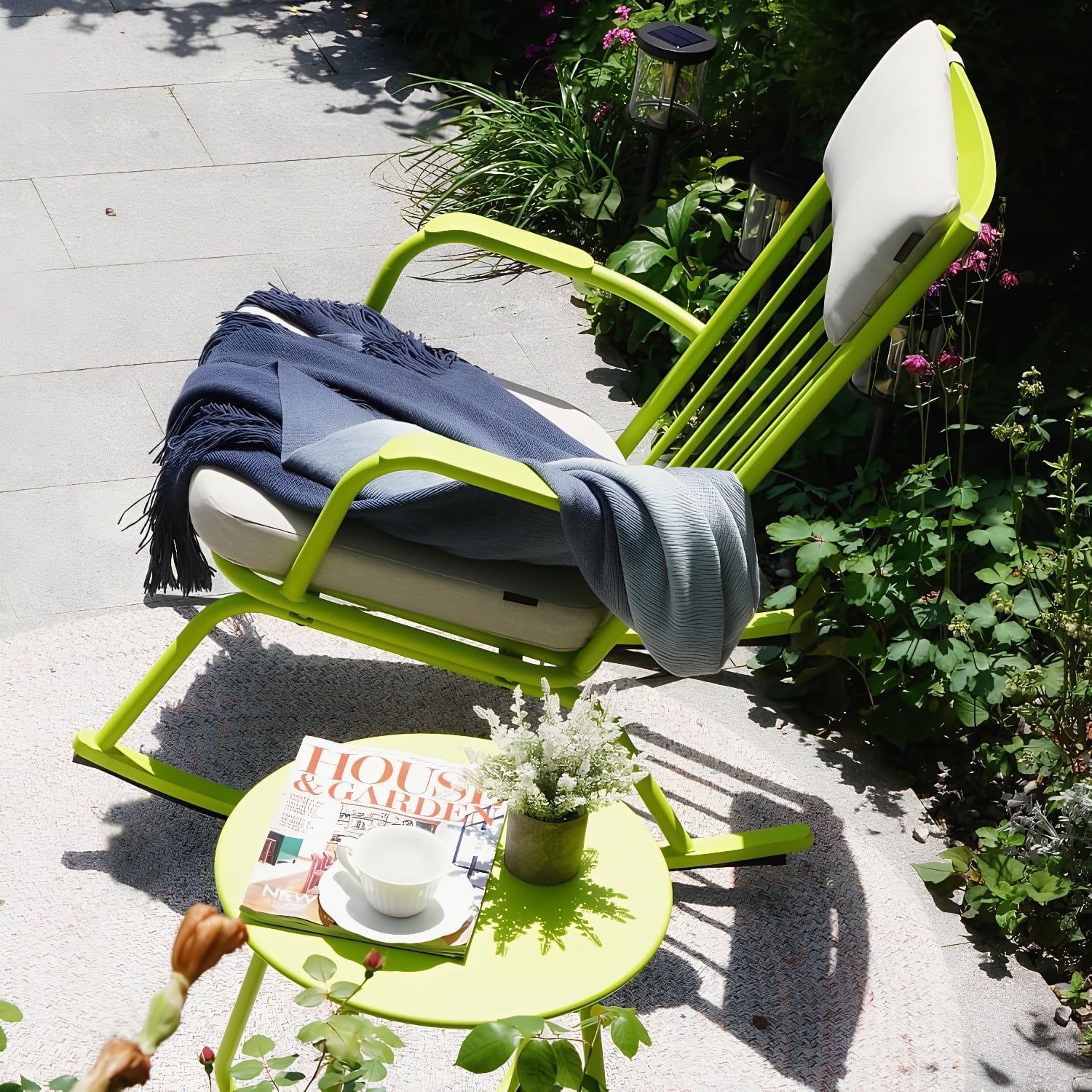 3-PieceOutdoor Rocking Chairs Set for 2 with Thick Cushions and 18-inch Small Round Table, Steel Patio Conversation Set for Backyard, Porch, Deck - Easy Assembly Lime Green