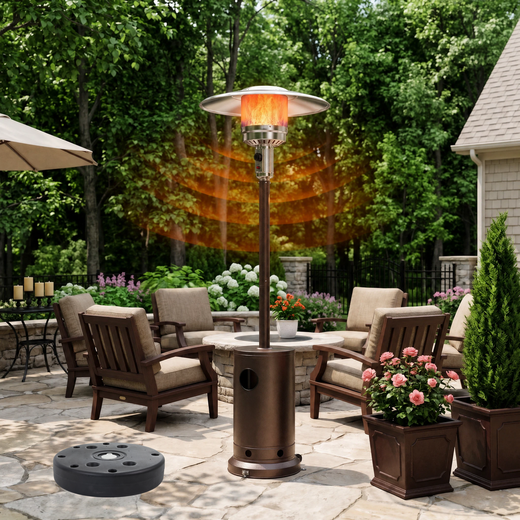 Roomisland 48000 BTU Outdoor Propane Heater with Sand Box Anti-Tip Base, Weighted Patio Heater on Wheels, Double-Layer Stainless Burner, Windproof Auto-Off for Backyard Deck Garden