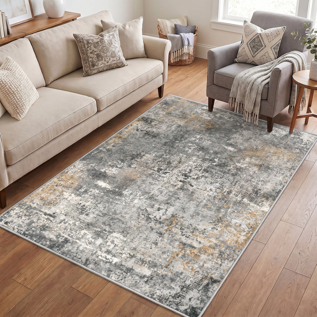 Roomisland Area Rugs 4x6FT Washable for Living Room, Non Slip Modern Abstract Carpet Stain Resistant Soft Low Pile Indoor Floor Rug for Bedroom Kitchen Home Office