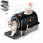 Roomisland Stainless Steel Litter Box with Lid, 3 in 1 Covered Metal Cat Litter Box,High Sided Anti-Leak Cat Box with Scoop & Mat, Front & Top Entry Easy Cleaning