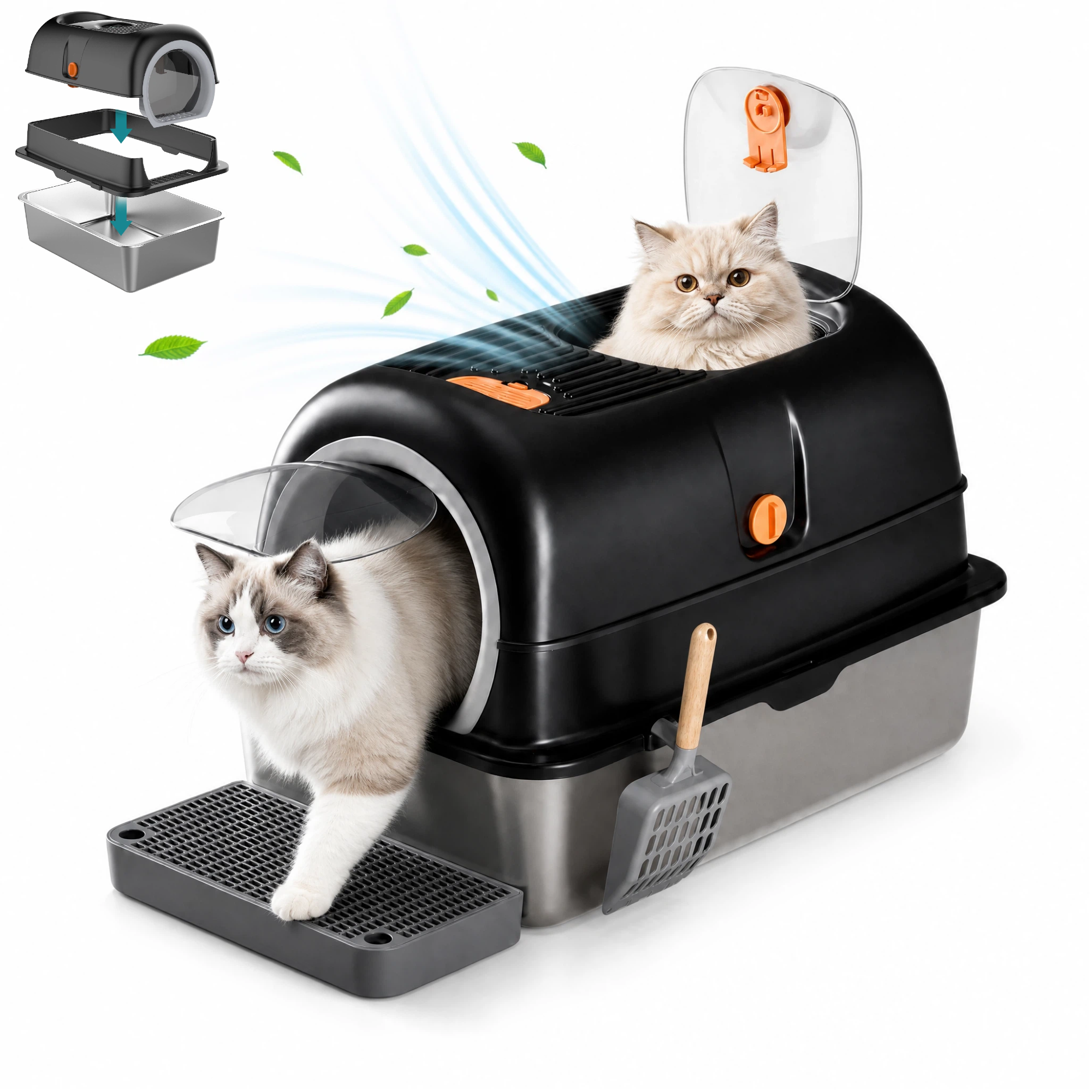 Roomisland Stainless Steel Litter Box with Lid, 3 in 1 Covered Metal Cat Litter Box,High Sided Anti-Leak Cat Box with Scoop & Mat, Front & Top Entry Easy Cleaning