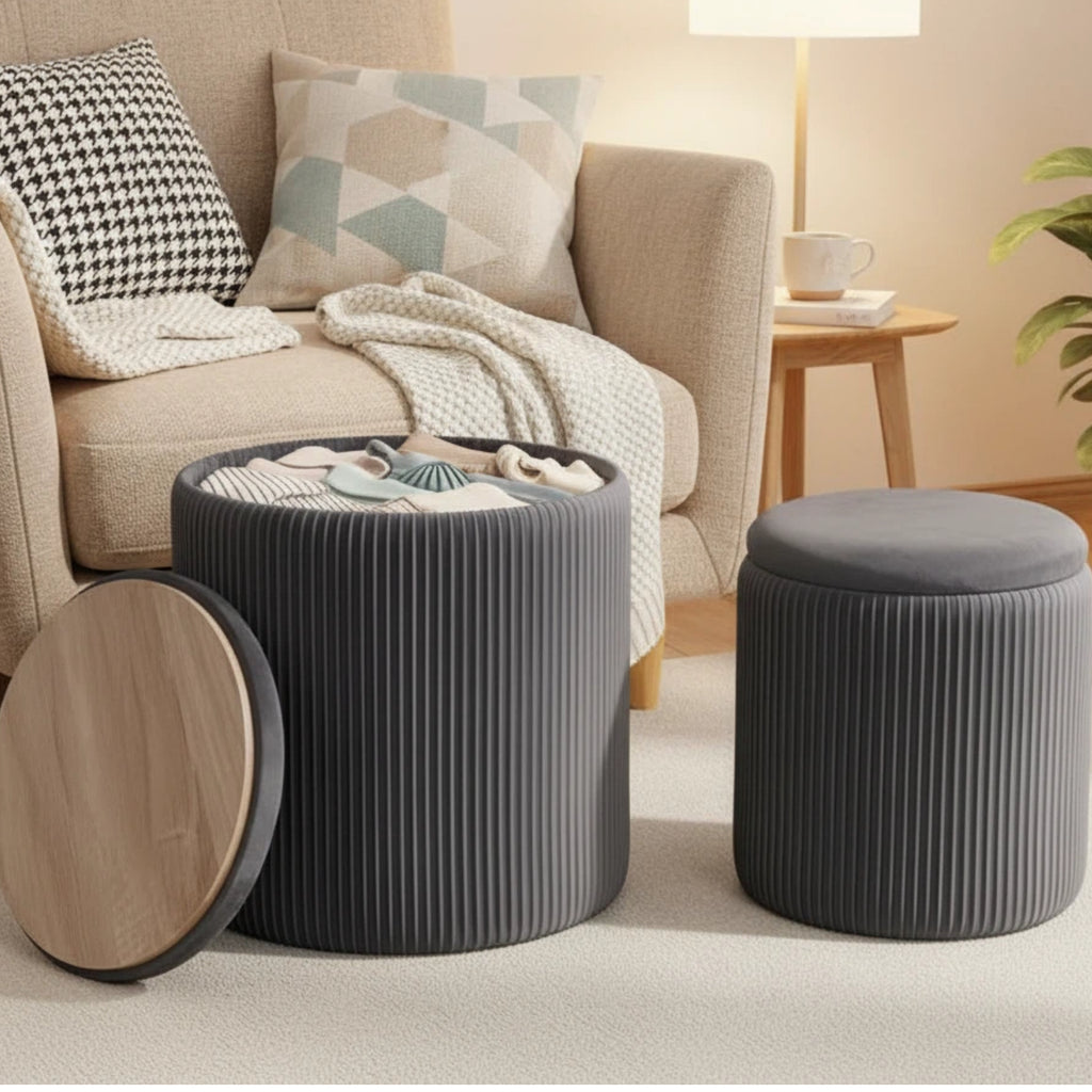 Nygira Round Ottoman with Storage Set of 2, Velvet Vanity Stool for Makeup, Foot Rest & Coffee Table for Bedroom, Living Room, Gray
