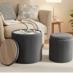 Nygira Round Ottoman with Storage Set of 2, Velvet Vanity Stool for Makeup, Foot Rest & Coffee Table for Bedroom, Living Room, Gray