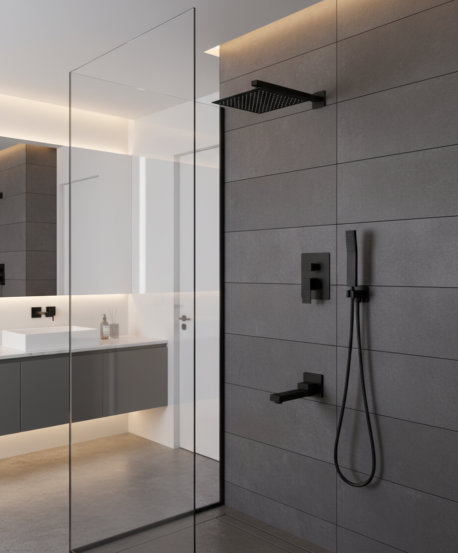 Nygira Rainfall Bathroom Shower System Rain Shower Head and Handle Set, Wall Mounted Shower Faucet Set with Tub Spout, Rough-in Valve, Black