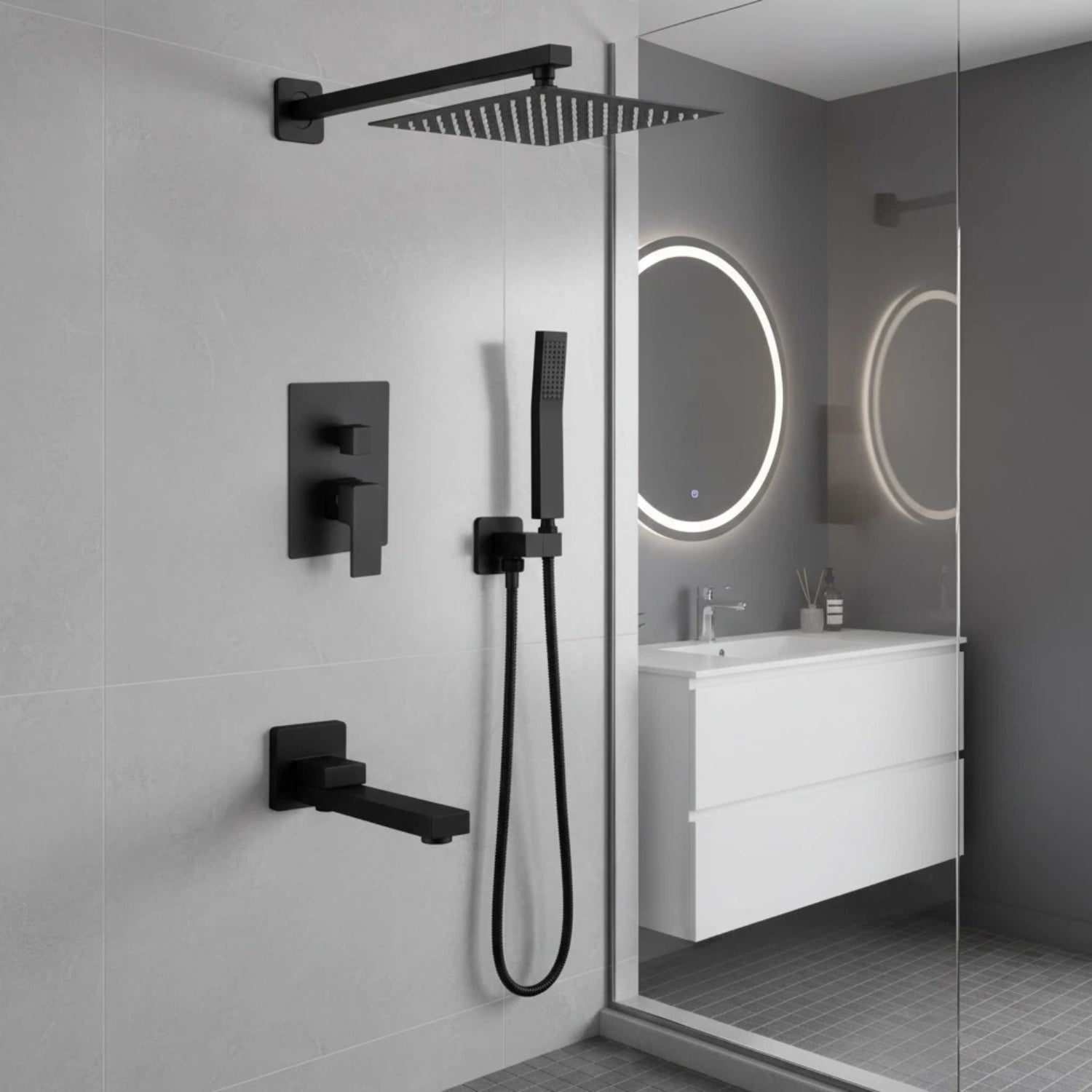 Nygira Rainfall Bathroom Shower System Rain Shower Head and Handle Set, Wall Mounted Shower Faucet Set with Tub Spout, Rough-in Valve, Black