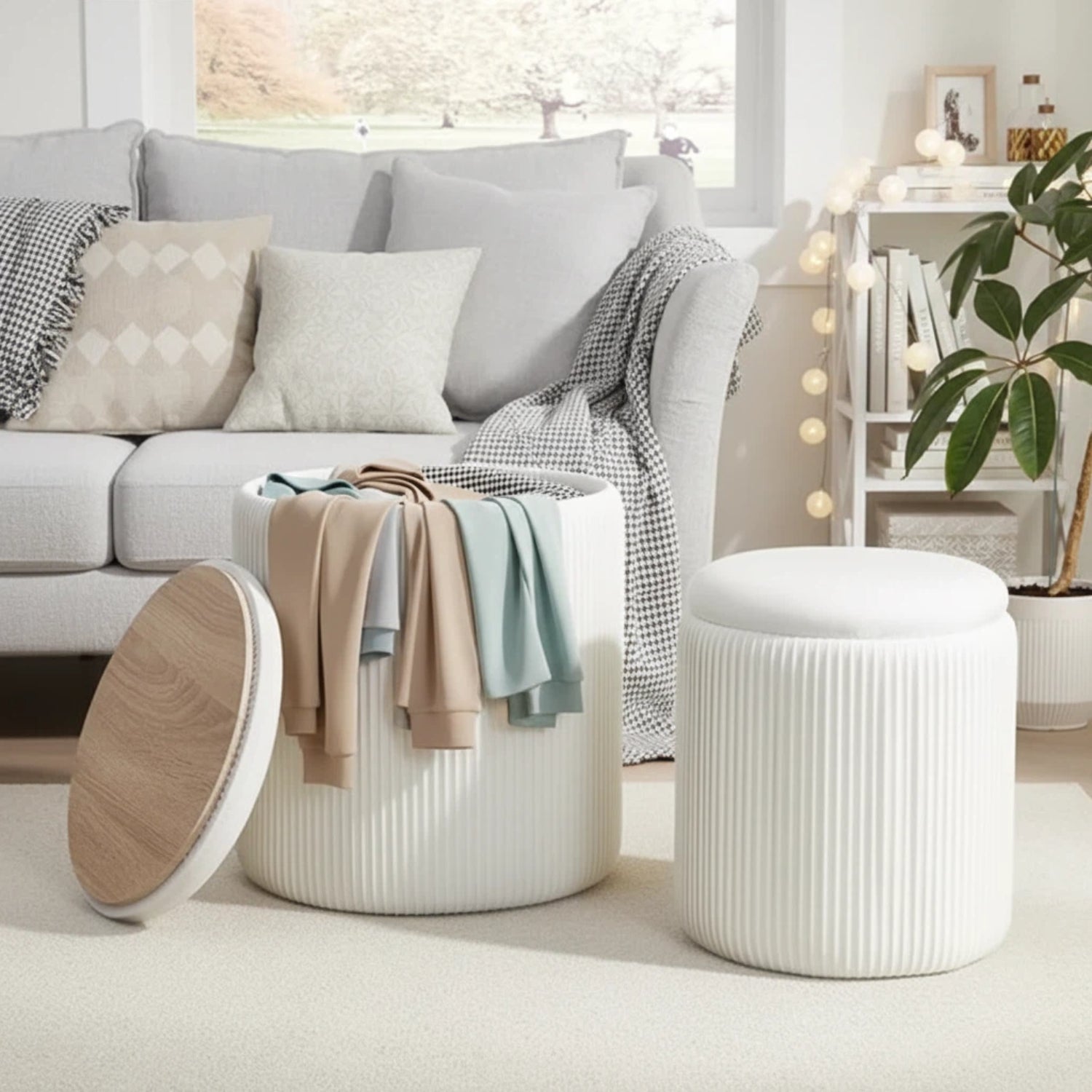 Nygira Round Ottoman with Storage Set of 2, Velvet Vanity Stool for Makeup, Foot Rest & Coffee Table for Bedroom, Living Room, White