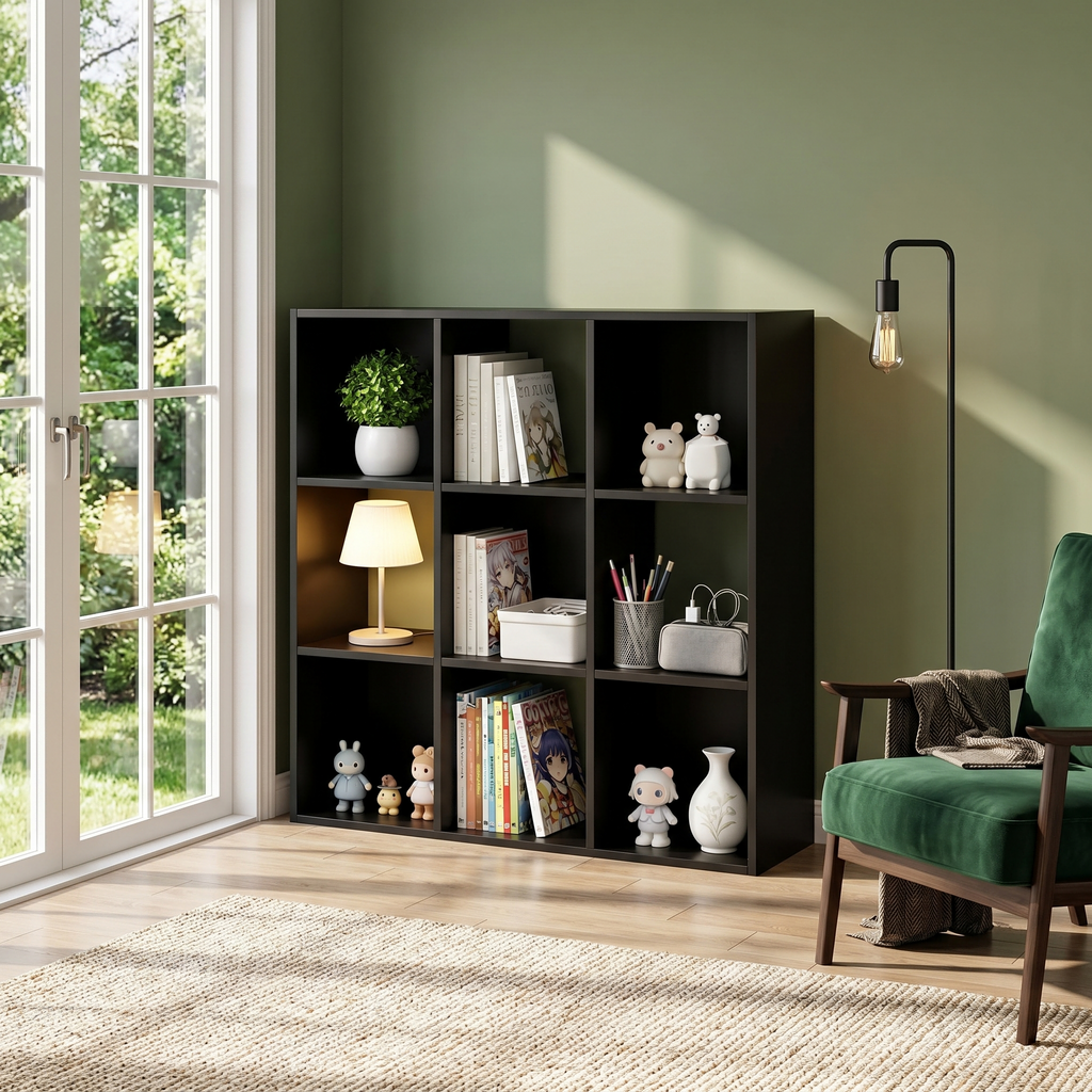 Roomisland 9 Cube Storage Organizer, Wood Bookshelf with Removable Back Panels, Open Cubby Shelf for Home Office Bedroom Living Room, Vertical or Horizontal