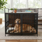 Nygira 41 Inch Dog Crate Furniture with 360° Rotatable Bowls, Wooden Kennel with Double Doors for Large Dogs, Indoor Pet House End Table, Rustic Brown
