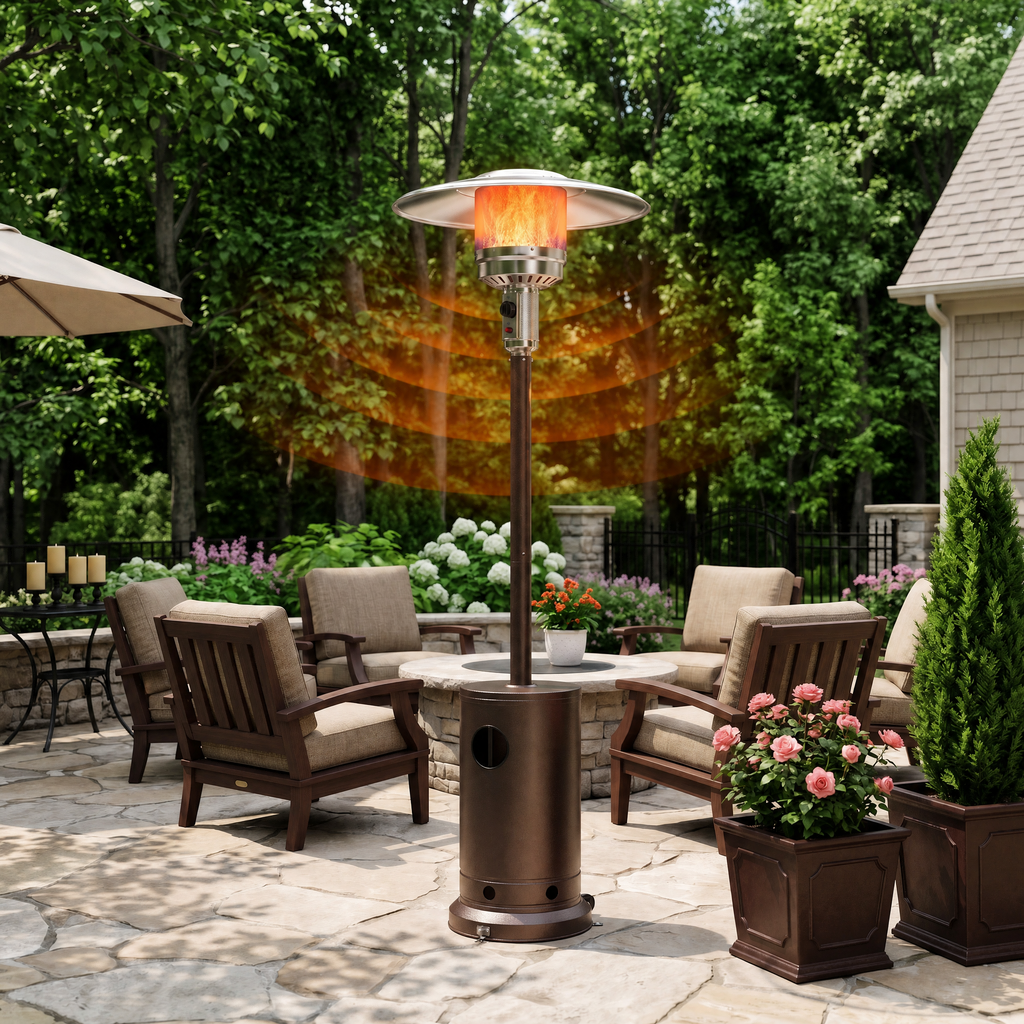 Roomisland 48000 BTU Outdoor Propane Heater with Round Table Design, Weighted Patio Heater on Wheels, Double-Layer Stainless Burner, Windproof Auto-Off for Backyard Deck Garden