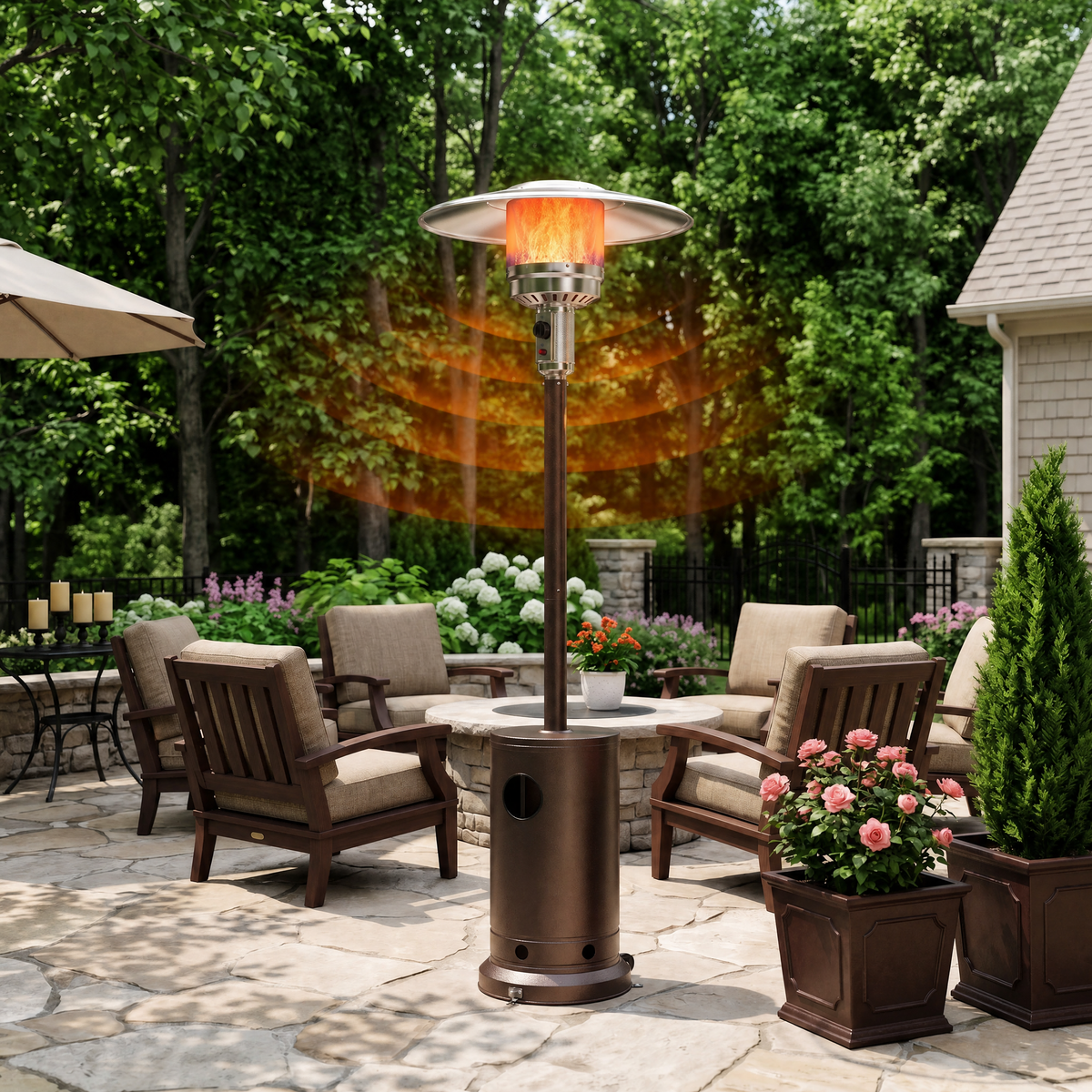 Roomisland 48000 BTU Outdoor Propane Heater with Round Table Design, Weighted Patio Heater on Wheels, Double-Layer Stainless Burner, Windproof Auto-Off for Backyard Deck Garden