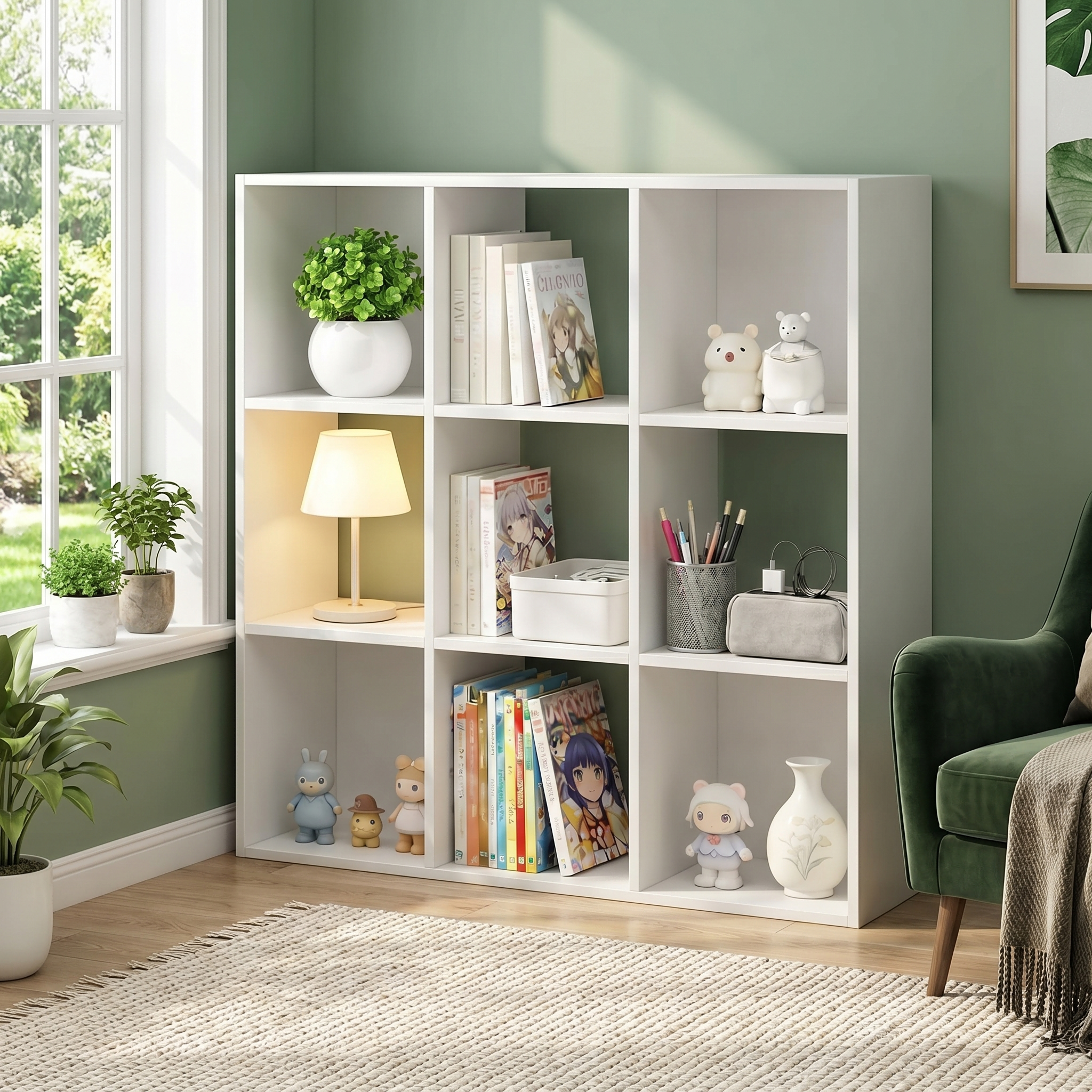Roomisland 9 Cube Storage Organizer, Wood Bookshelf with Removable Back Panels, Open Cubby Shelf for Home Office Bedroom Living Room, Vertical or Horizontal