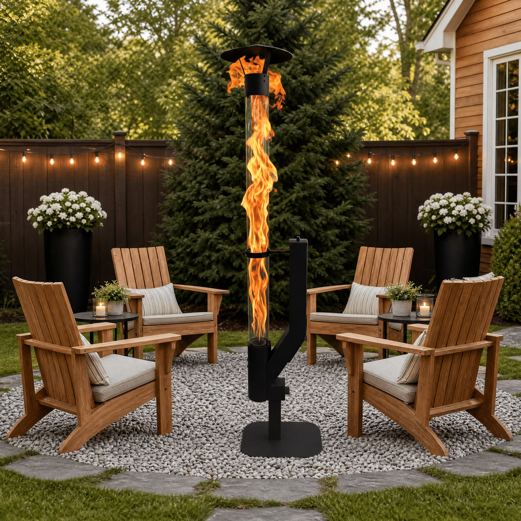 Nygira 70 inch Steel Smokeless Wood Pellet Fire Torch with Glass Tube, Tall Outdoor Patio Bonfire Ambiance