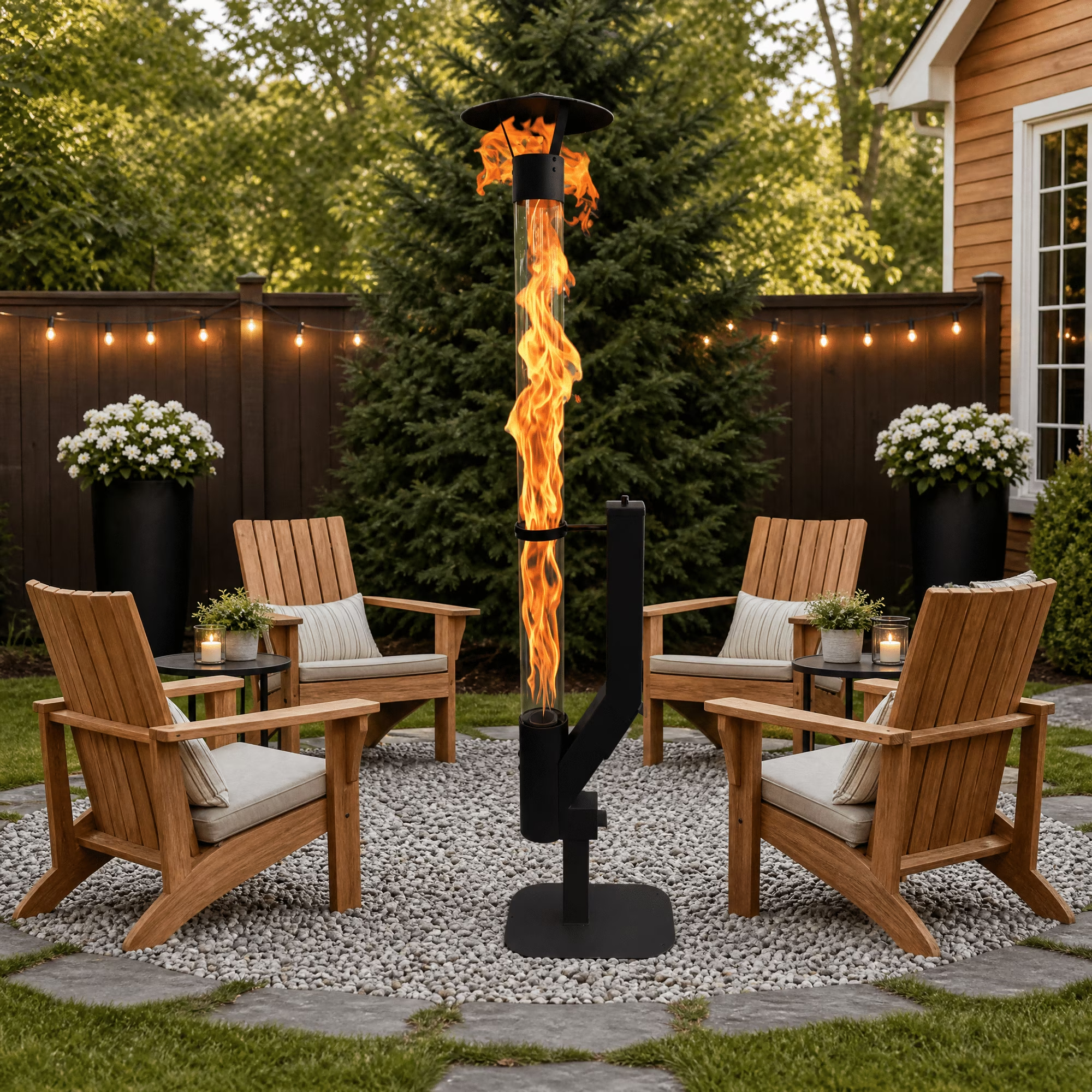 Nygira 70 inch Steel Smokeless Wood Pellet Fire Torch with Glass Tube, Tall Outdoor Patio Bonfire Ambiance