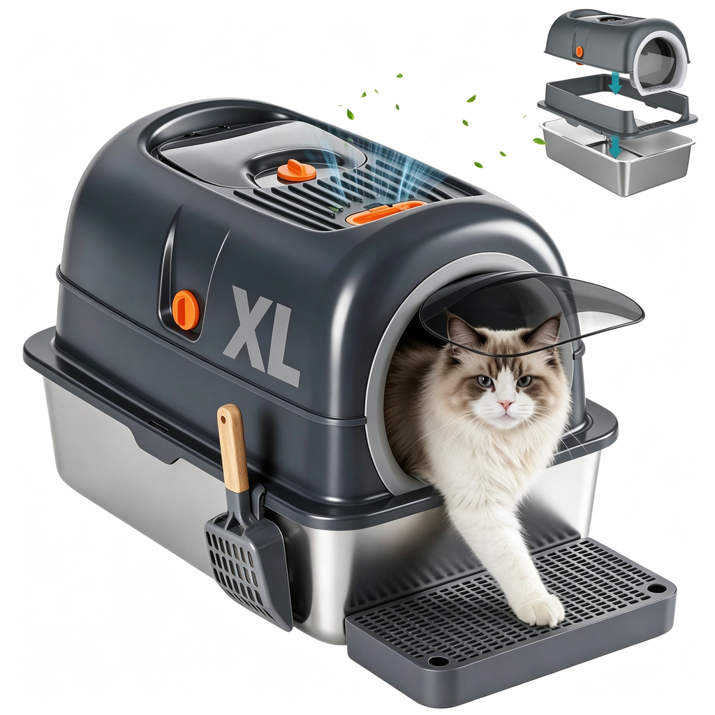 Roomisland Stainless Steel Litter Box with Lid, 3 in 1 Covered Metal Cat Litter Box,High Sided Anti-Leak Cat Box with Scoop & Mat, Front & Top Entry Easy Cleaning
