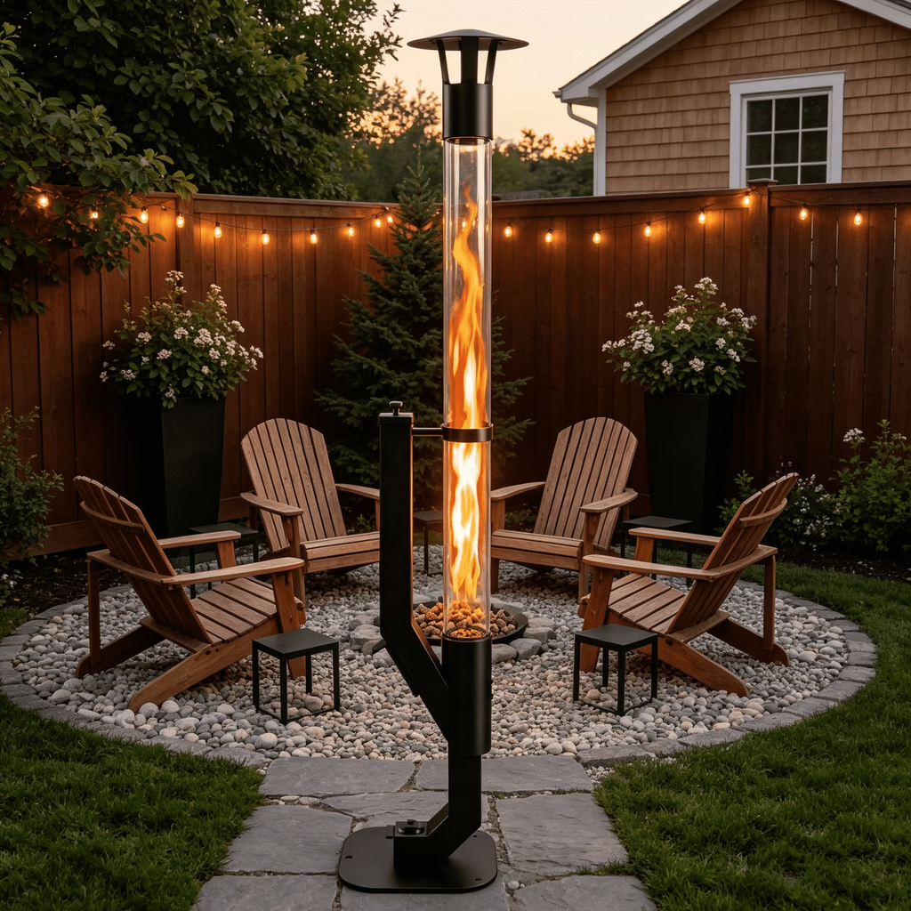 Roomisland 61 inch Steel Smokeless Wood Pellet Fire Torch with Glass Tube, Tall Outdoor Patio Bonfire Ambiance
