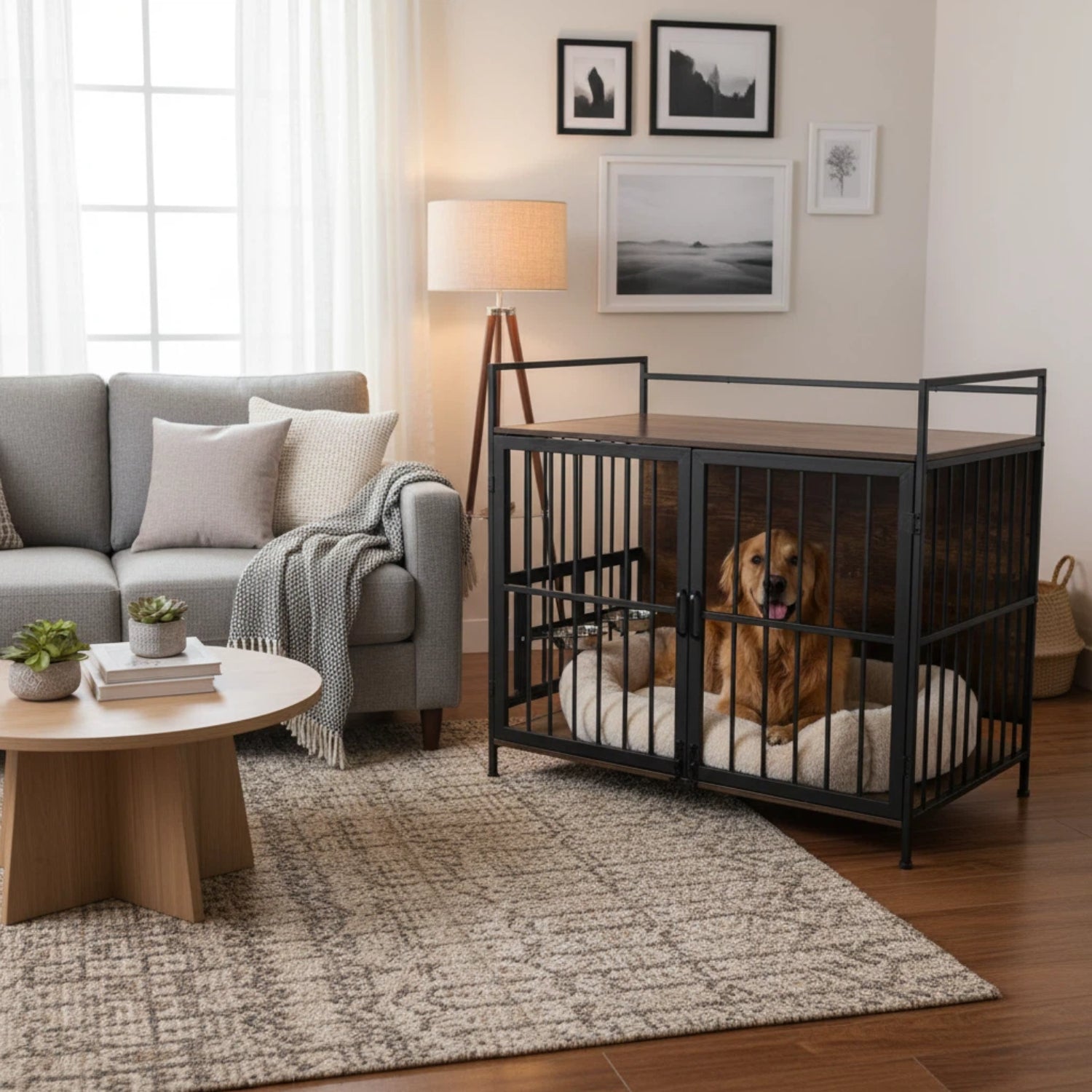 Nygira 41 Inch Dog Crate Furniture with 360° Rotatable Bowls, Wooden Kennel with Double Doors for Large Dogs, Indoor Pet House End Table, Rustic Brown