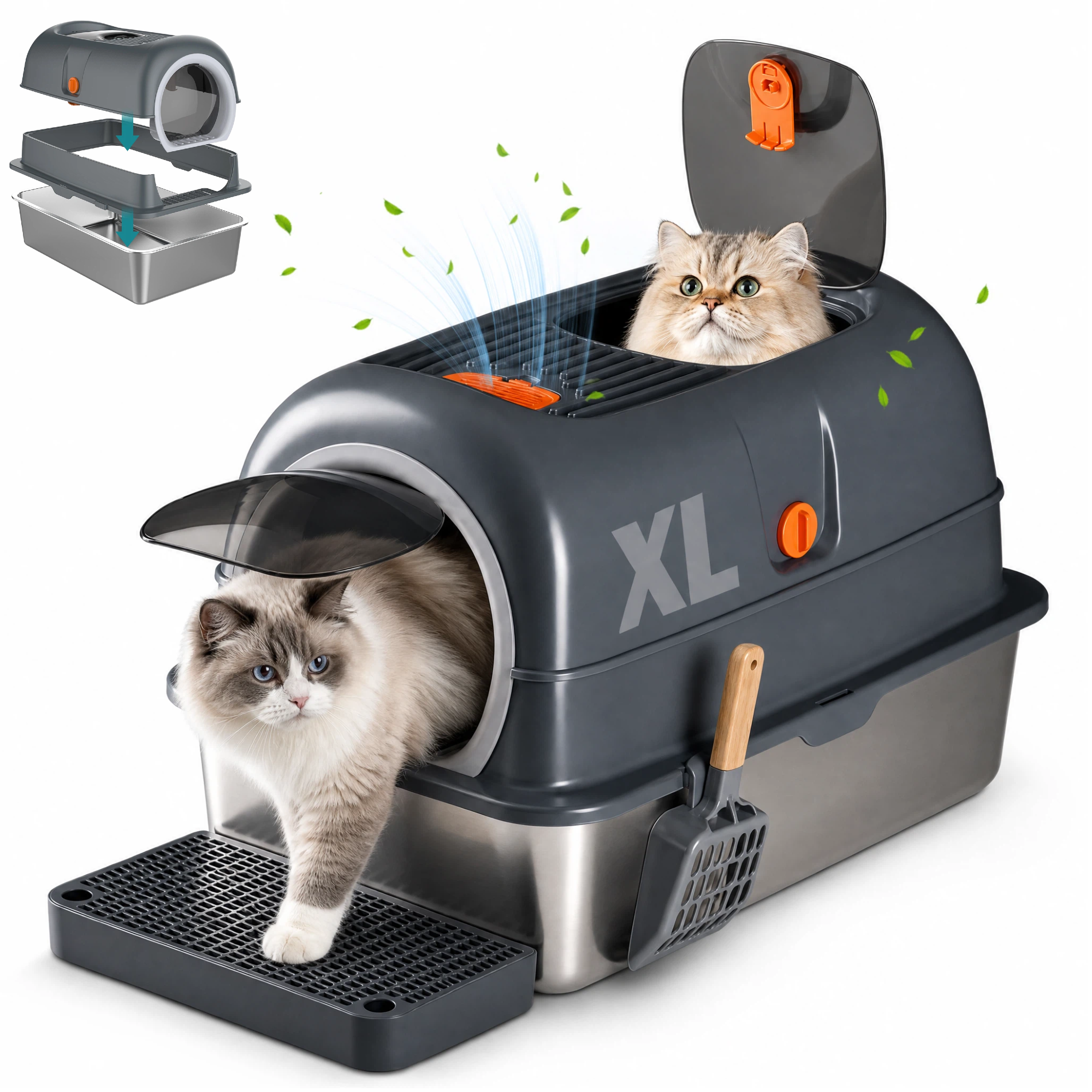 Roomisland Stainless Steel Litter Box with Lid, 3 in 1 Covered Metal Cat Litter Box,High Sided Anti-Leak Cat Box with Scoop & Mat, Front & Top Entry Easy Cleaning