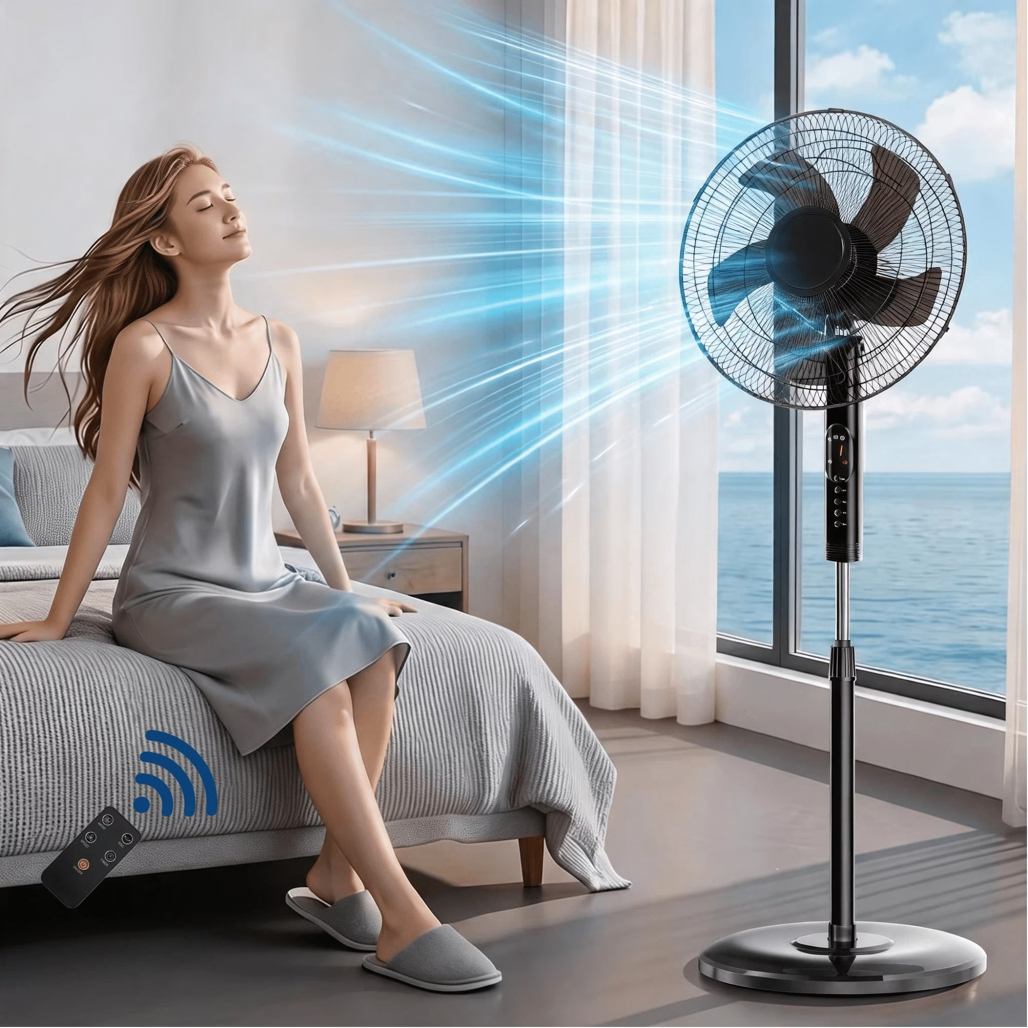 Roomisland 17" Oscillating Pedestal Fan with Remote, Quiet Standing Fan with Timer for Bedroom, 3 Speeds & 3 Modes, Adjustable Height, High Power Floor Fan