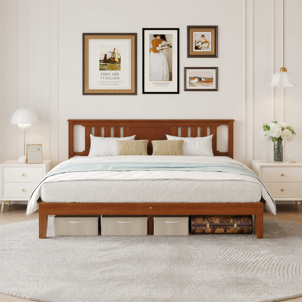 Roomisland Kind Size Platform Bed Frame with Headboard, 12 Inch Heavy Duty Wooden Bed Frame, No Box Spring Needed, Under Bed Storage, Easy Assembly, Walnut