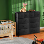 10 Drawers Dresser, Fabric Closet Chests Storage Organizer Tower with Wooden Top Metal Frame for Bedroom Living Room Hallway Entryway, Black