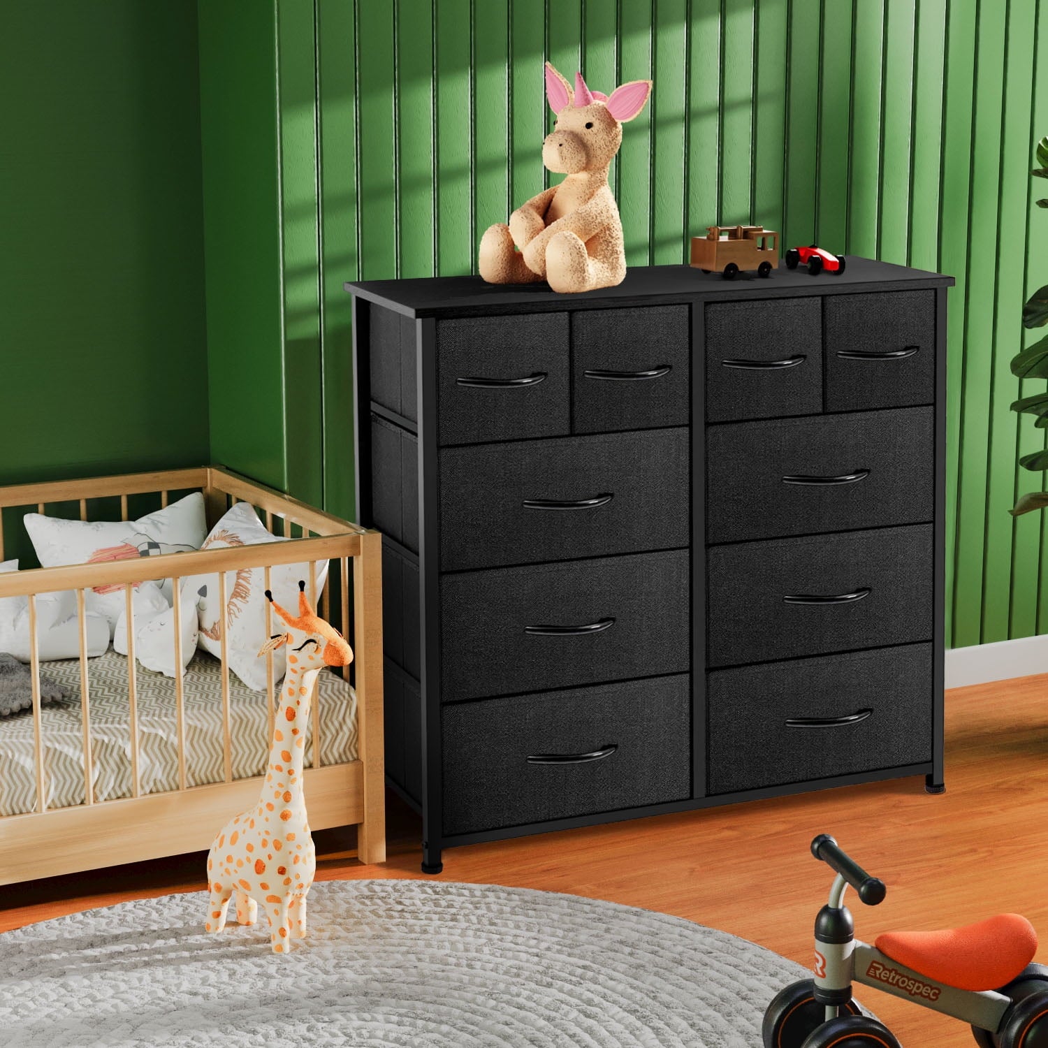 10 Drawers Dresser, Fabric Closet Chests Storage Organizer Tower with Wooden Top Metal Frame for Bedroom Living Room Hallway Entryway, Black