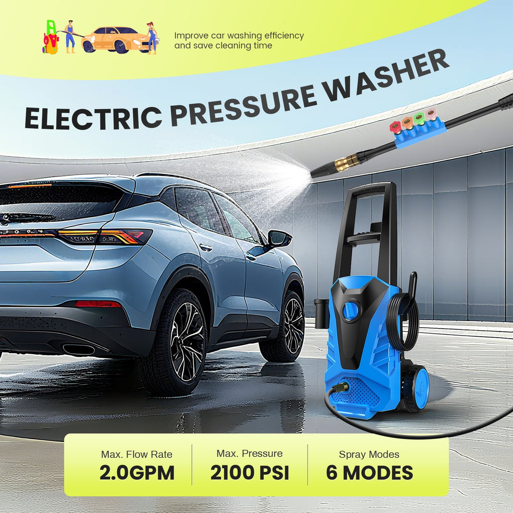 Electric Pressure Washer, 2100 Max PSI 2.0 Max GPM with Foam Cannon, 5 Quick Connect Nozzles, for Cars/Fences/Driveways/Home/Patios, Blue