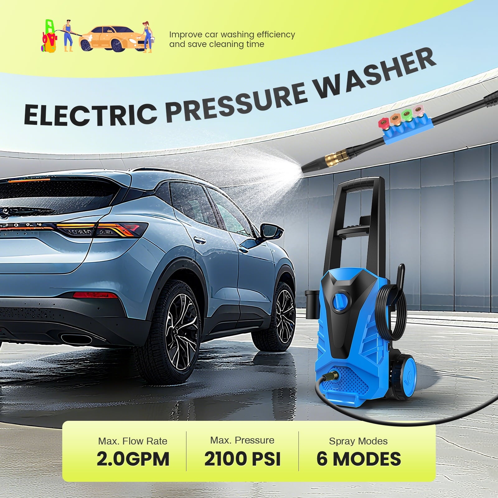 Electric Pressure Washer, 2100 Max PSI 2.0 Max GPM with Foam Cannon, 5 Quick Connect Nozzles, for Cars/Fences/Driveways/Home/Patios, Blue