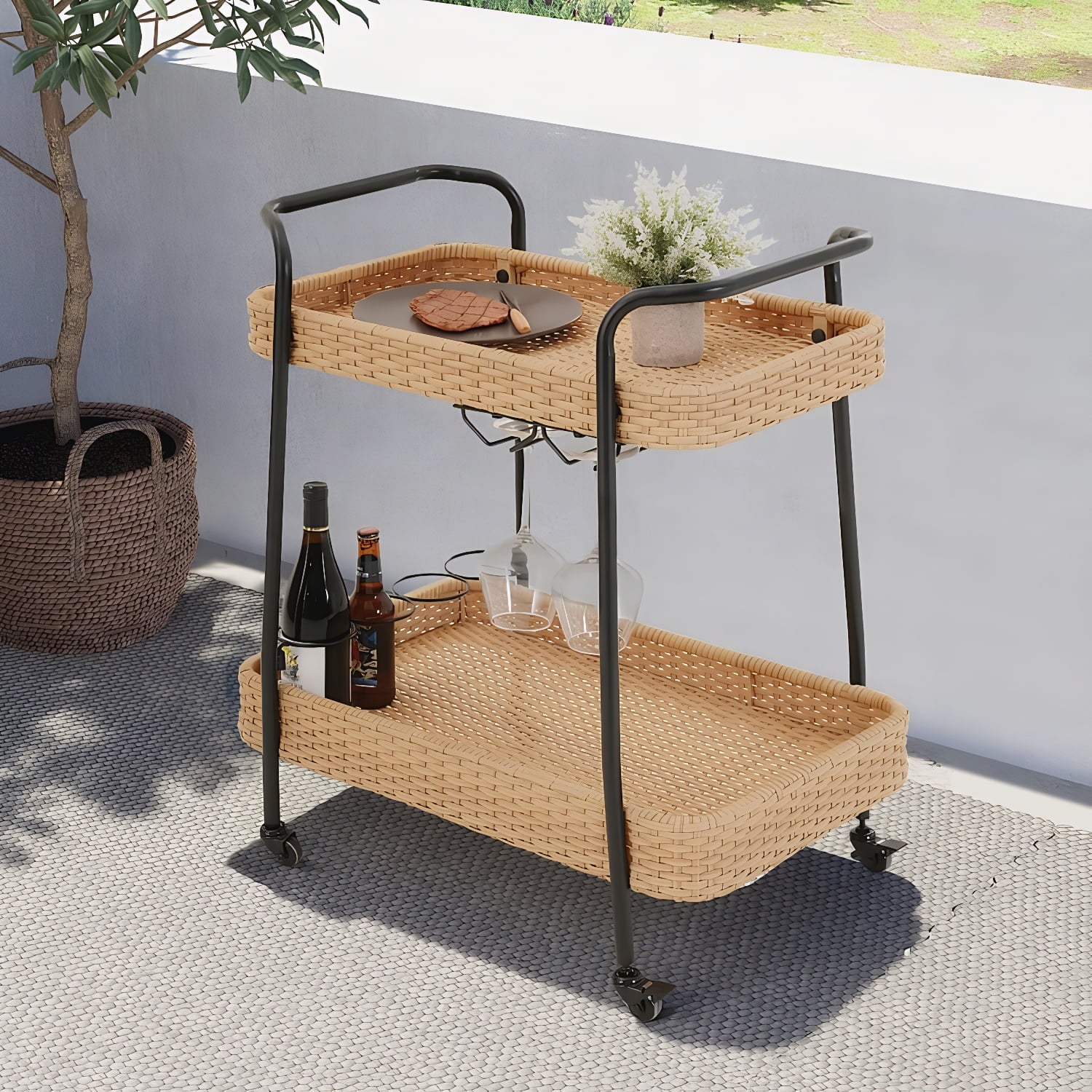 2-Tier Rolling Bar Cart with Wheels, Outdoor Indoor Rattan Beverage Serving Cart with Stemware Rack, Mobile Kitchen Utility Cart for Patio Garden Deck Party, Natural Color