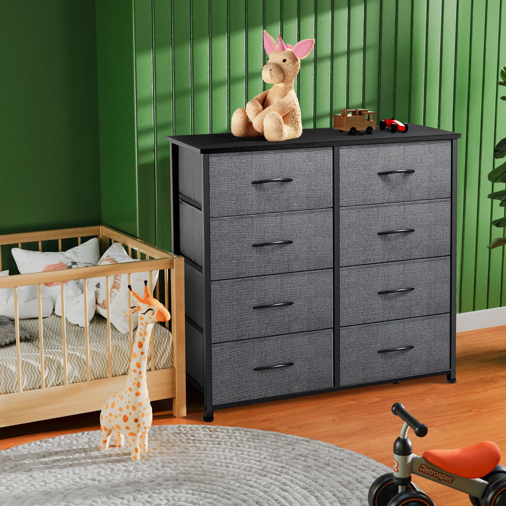 8 Drawers Dresser, Fabric Closet Chests Storage Organizer Tower with Wooden Top Metal Frame for Bedroom Living Room Hallway Entryway, Grey