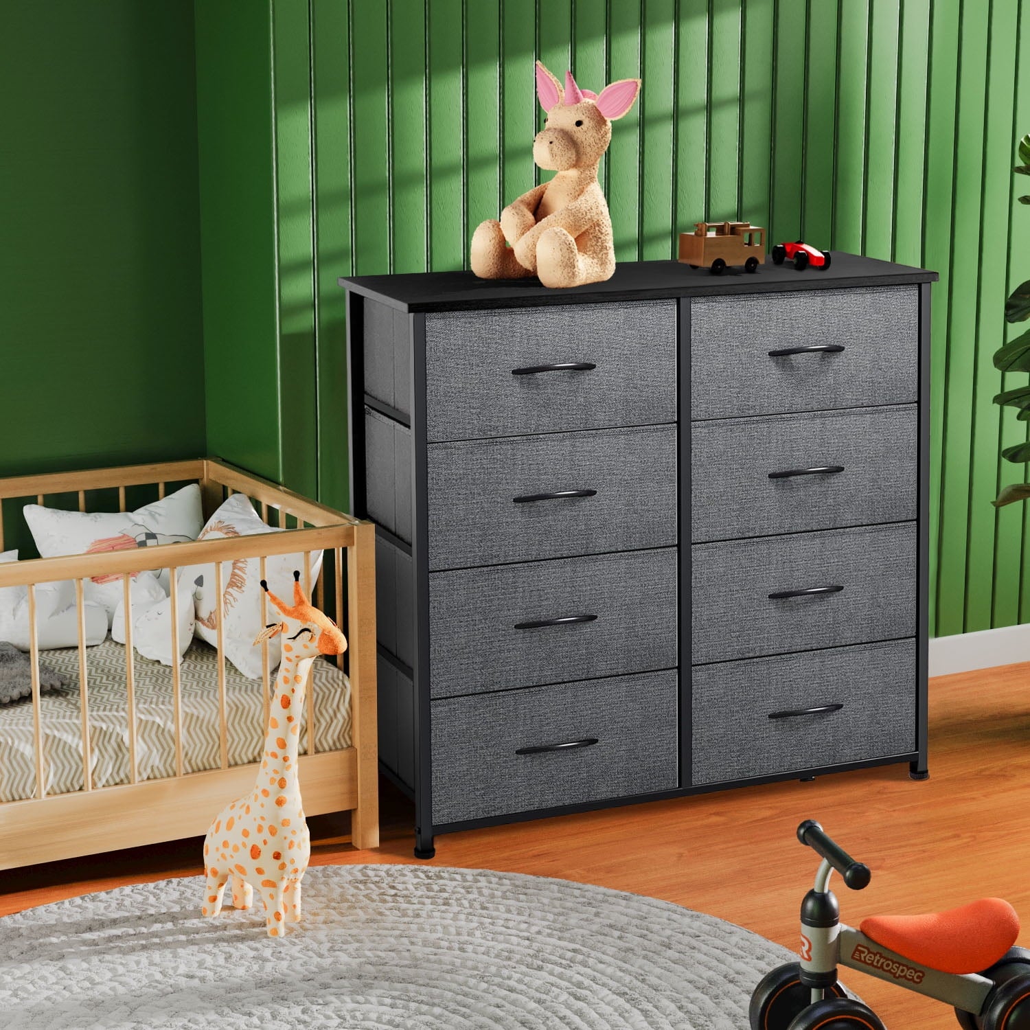 8 Drawers Dresser, Fabric Closet Chests Storage Organizer Tower with Wooden Top Metal Frame for Bedroom Living Room Hallway Entryway, Grey