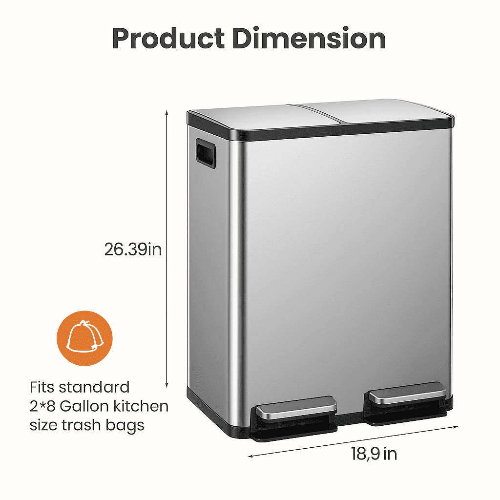 16 Gallon (30L x 2) Dual Compartment Step Trash Can, with Slow-Close Lids, Plastic Inner Buckets, Hands-Free, Easy to Clean, Stainless Steel for Kitchen, Bedroom, Living Room