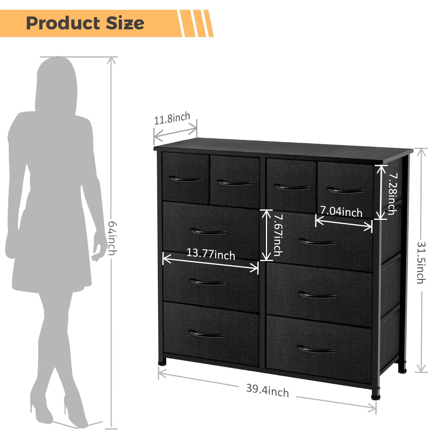 10 Drawers Dresser, Fabric Closet Chests Storage Organizer Tower with Wooden Top Metal Frame for Bedroom Living Room Hallway Entryway, Black