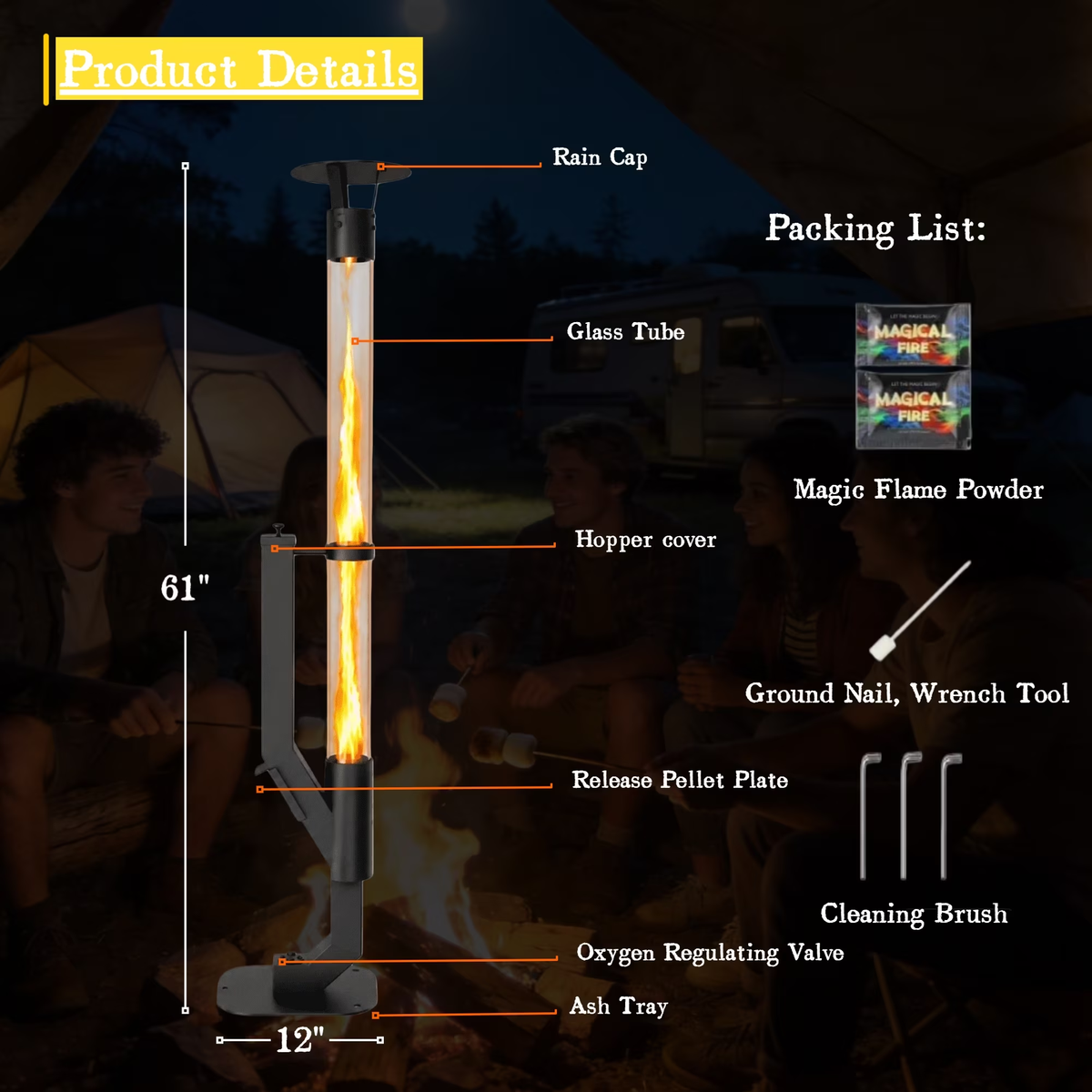 Roomisland 61 inch Steel Smokeless Wood Pellet Fire Torch with Glass Tube, Tall Outdoor Patio Bonfire Ambiance