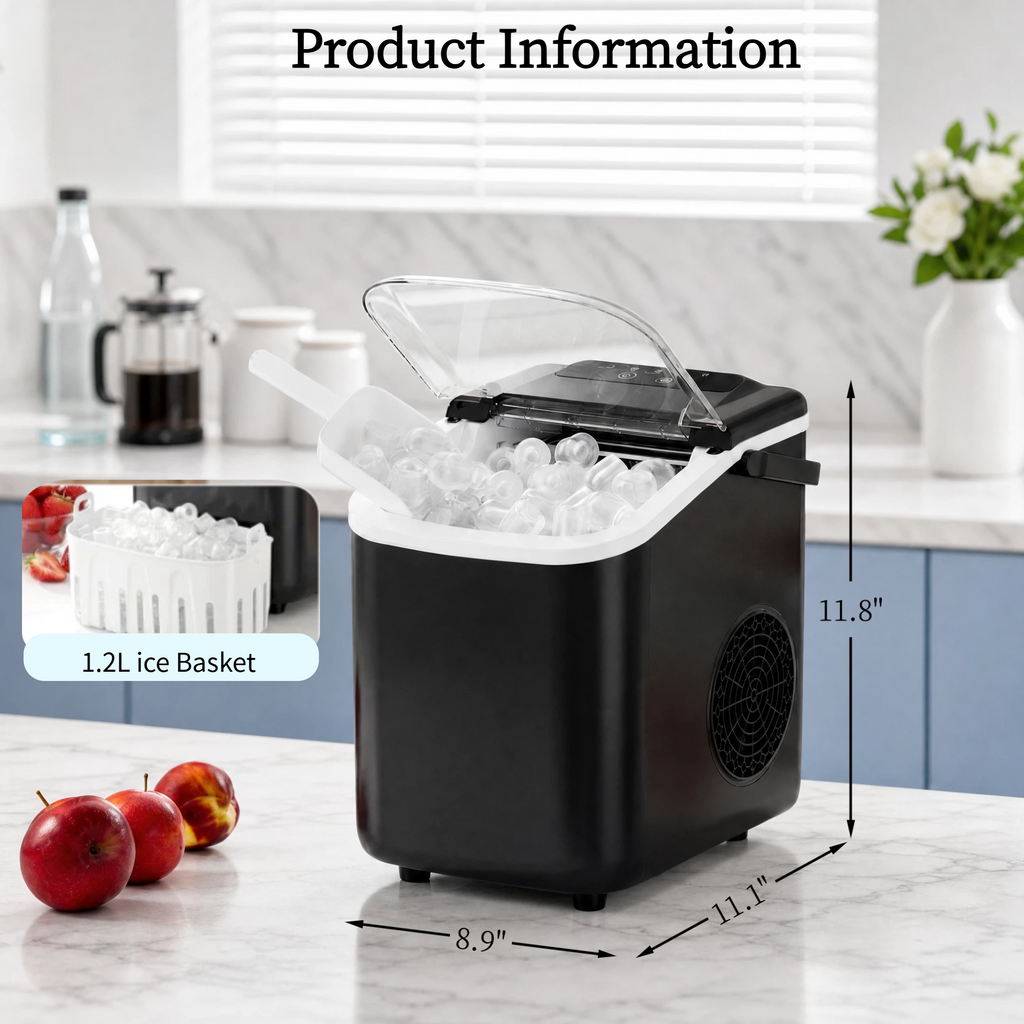 Roomisland Countertop Ice Maker, Portable Ice Machine with Handle, Basket & Scoop, 26Lbs/24H, 9 Bullet Ice Cubes in 6-8 Mins, Auto-Cleaning Silent Ice Maker for Home, Kitchen, RV Camping Outdoor