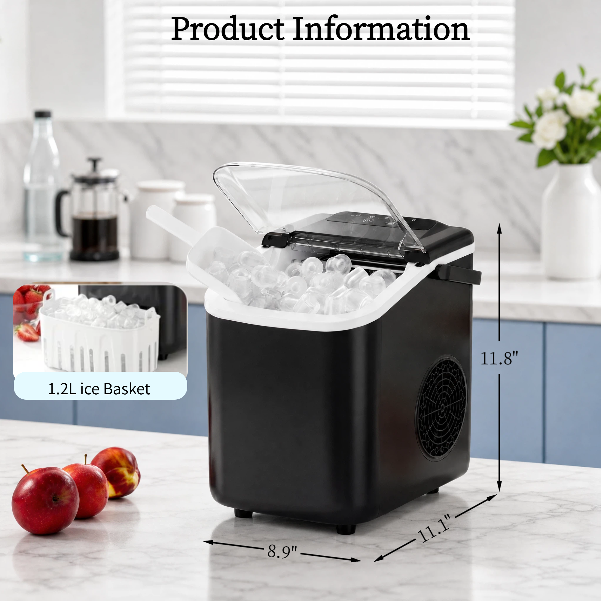 Roomisland Countertop Ice Maker, Portable Ice Machine with Handle, Basket & Scoop, 26Lbs/24H, 9 Bullet Ice Cubes in 6-8 Mins, Auto-Cleaning Silent Ice Maker for Home, Kitchen, RV Camping Outdoor