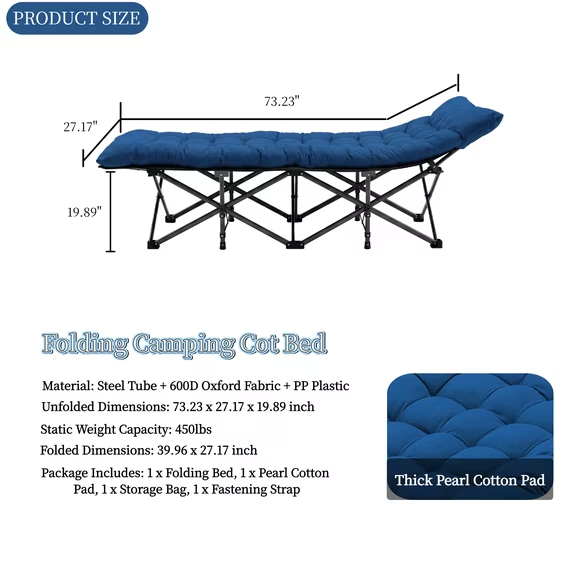Roomisland Folding Camping Cot 500lbs Capacity, Portable Folding Bed, Rollaway Bed with 3.5'' Mattress for Adults Indoor Outdoor, Quick Setup Compact Storage