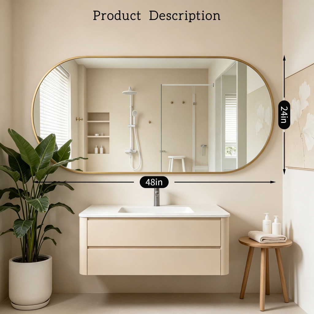 Roomisland Oval Wall Mirror Gold 24"x48", Brushed Metal Frame Vanity Mirror, Tempered Glass, Wall Mount Mirror for Bathroom, Bedroom, Entryway, Living Room, Horizontal/Vertical