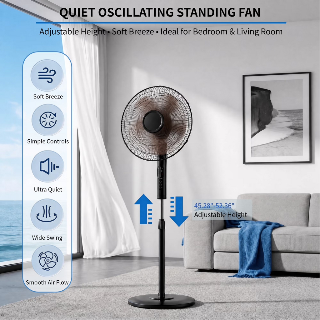 Roomisland 17" Oscillating Pedestal Fan with Remote, Quiet Standing Fan with Timer for Bedroom, 3 Speeds & 3 Modes, Adjustable Height, High Power Floor Fan