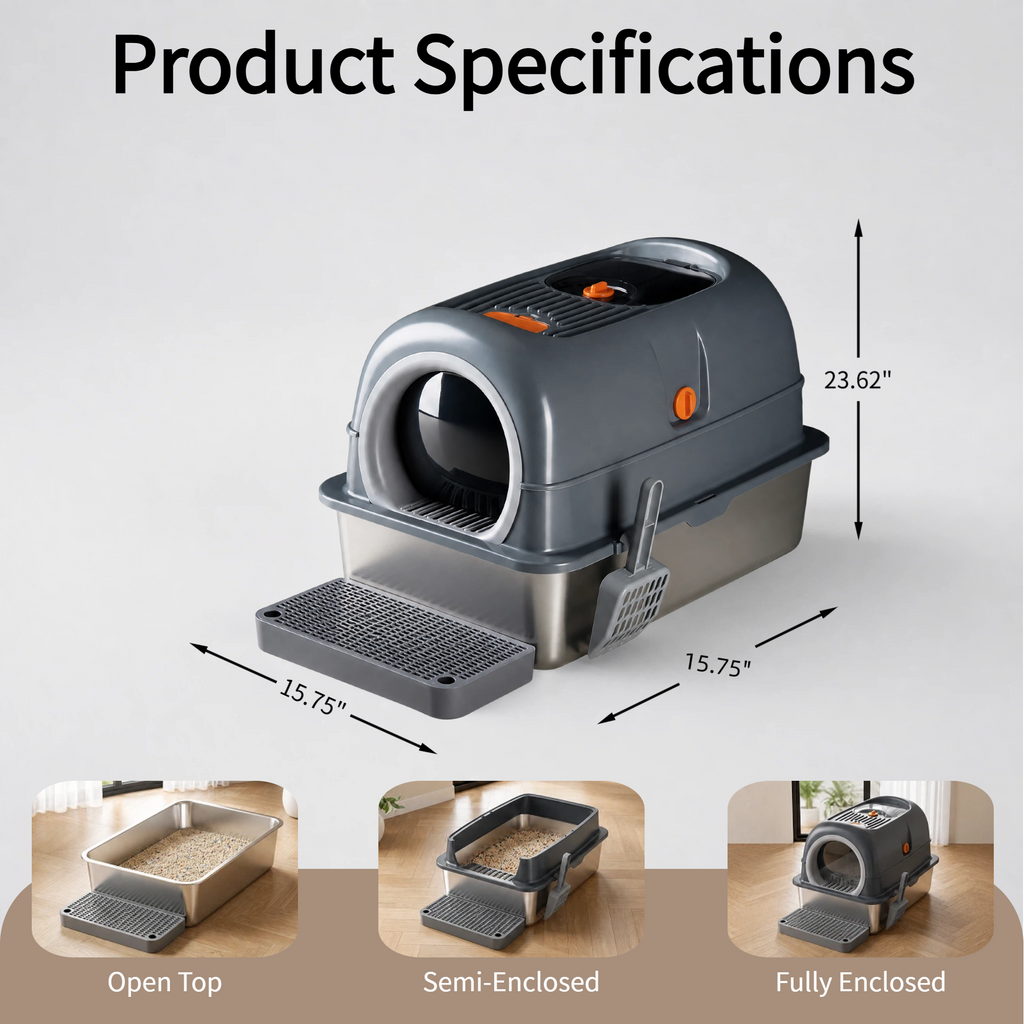 Roomisland Stainless Steel Litter Box with Lid, 3 in 1 Covered Metal Cat Litter Box,High Sided Anti-Leak Cat Box with Scoop & Mat, Front & Top Entry Easy Cleaning
