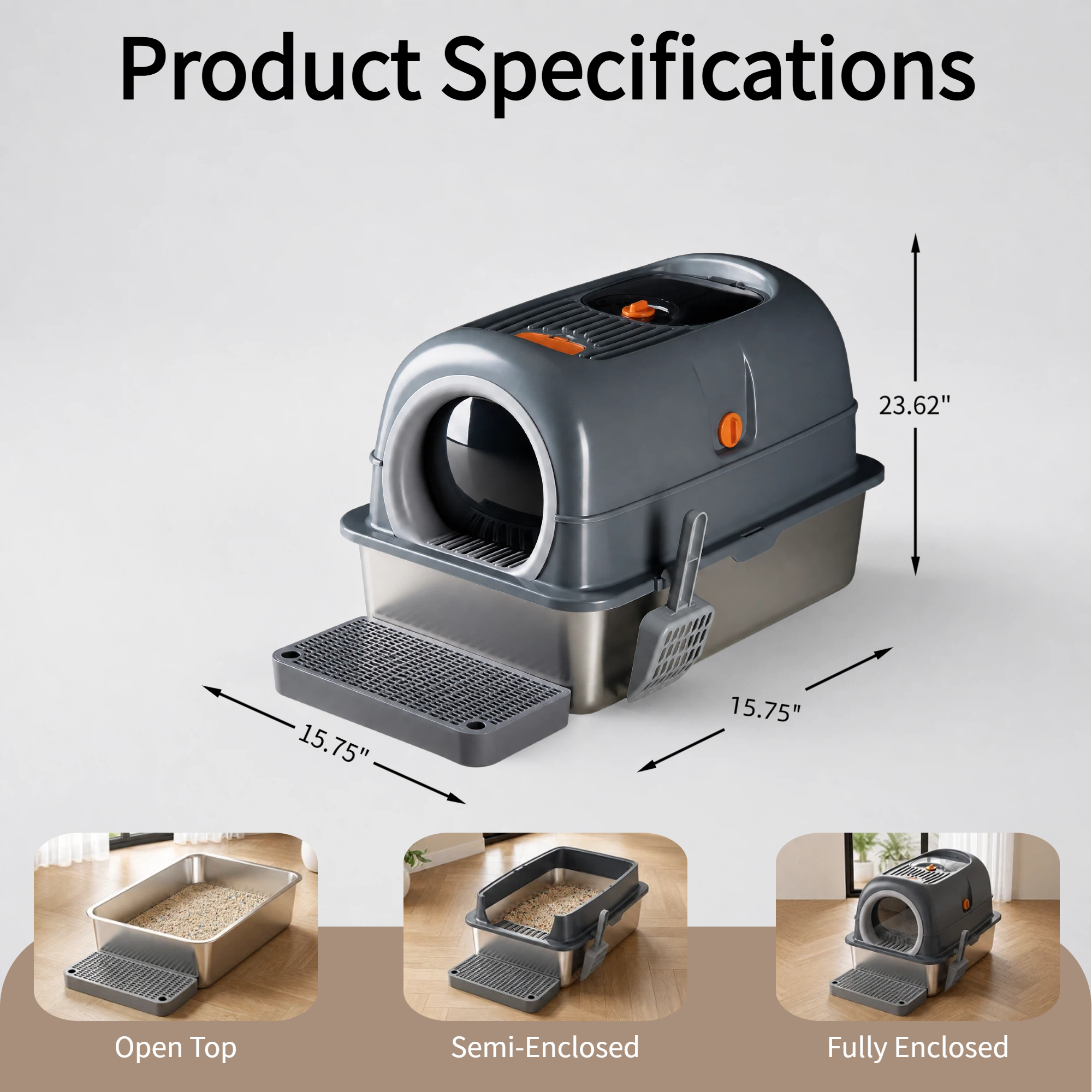 Roomisland Stainless Steel Litter Box with Lid, 3 in 1 Covered Metal Cat Litter Box,High Sided Anti-Leak Cat Box with Scoop & Mat, Front & Top Entry Easy Cleaning