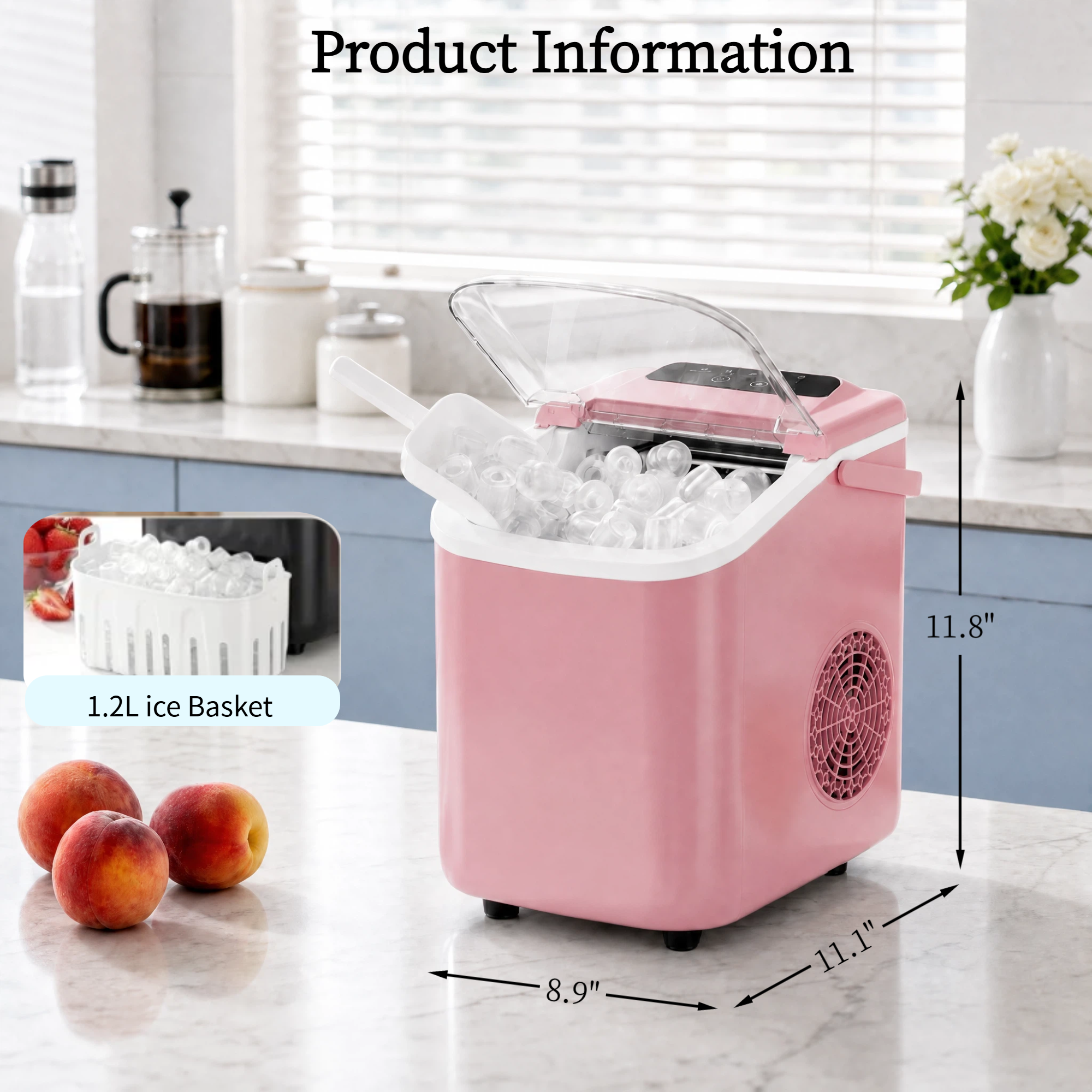 Roomisland Countertop Ice Maker, Portable Ice Machine with Handle, Basket & Scoop, 26Lbs/24H, 9 Bullet Ice Cubes in 6-8 Mins, Auto-Cleaning Silent Ice Maker for Home, Kitchen, RV Camping Outdoor
