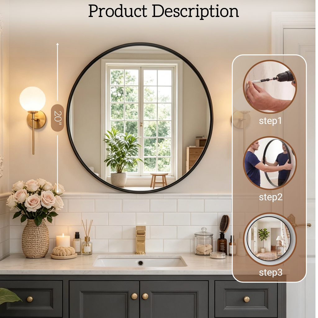 Round Bathroom Mirror, 20 Inch Large Circle Vanity Mirror with Anti-Rust Aluminum Frame, Modern Wall Mounted Mirror for Bedroom, Living Room, Wall Decor