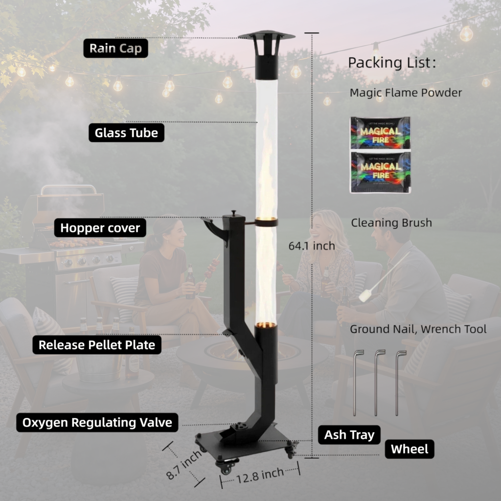 Nygira 64 inch Steel Smokeless Wood Pellet Fire Torch with Wheels, Portable Outdoor Patio Bonfire Ambiance