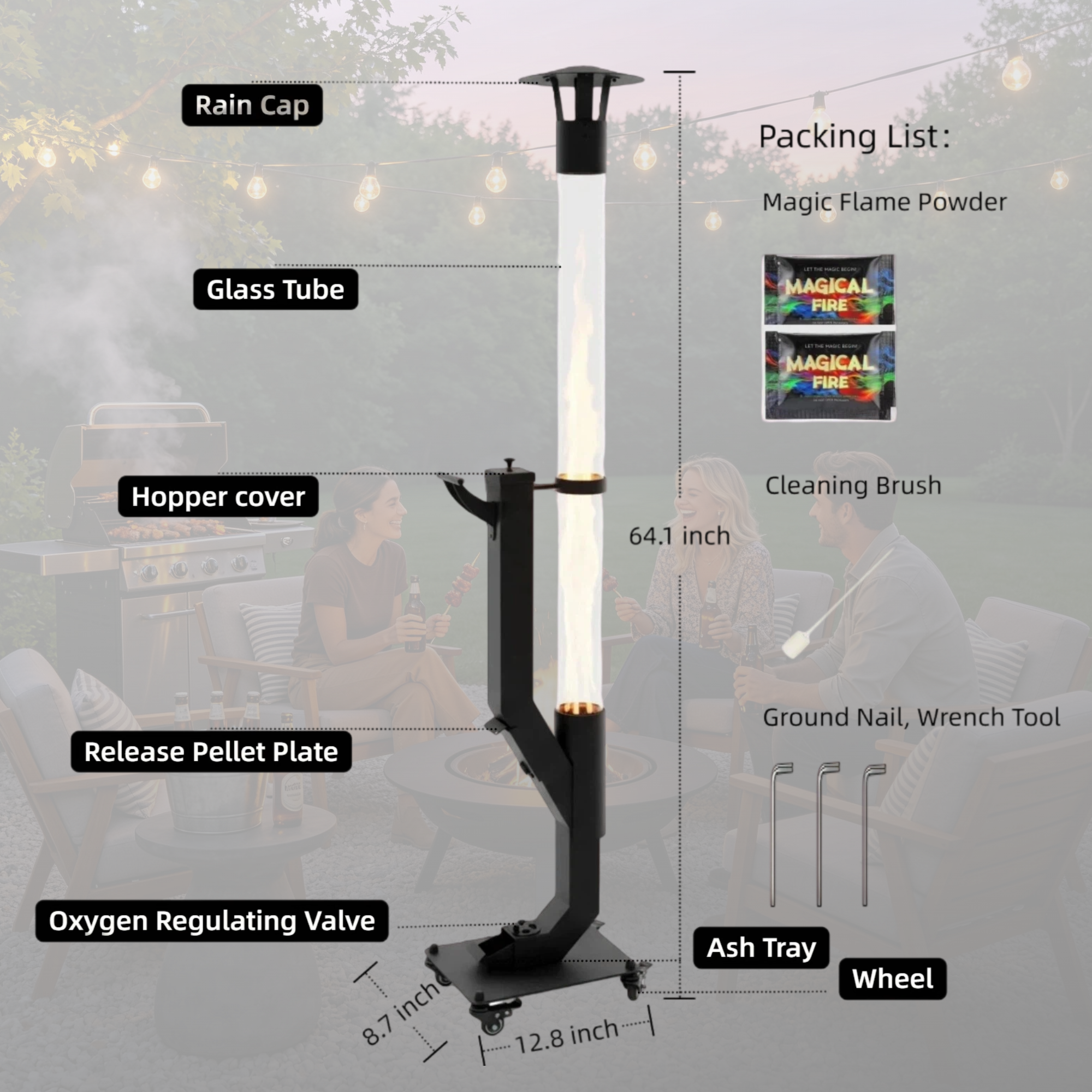 Nygira 64 inch Steel Smokeless Wood Pellet Fire Torch with Wheels, Portable Outdoor Patio Bonfire Ambiance
