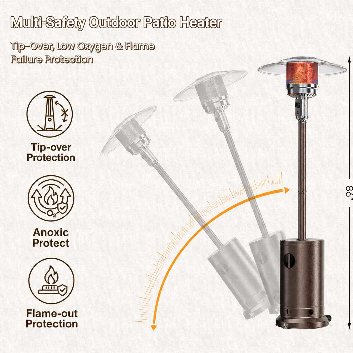 Roomisland 48000 BTU Outdoor Propane Heater with Sand Box Anti-Tip Base, Weighted Patio Heater on Wheels, Double-Layer Stainless Burner, Windproof Auto-Off for Backyard Deck Garden