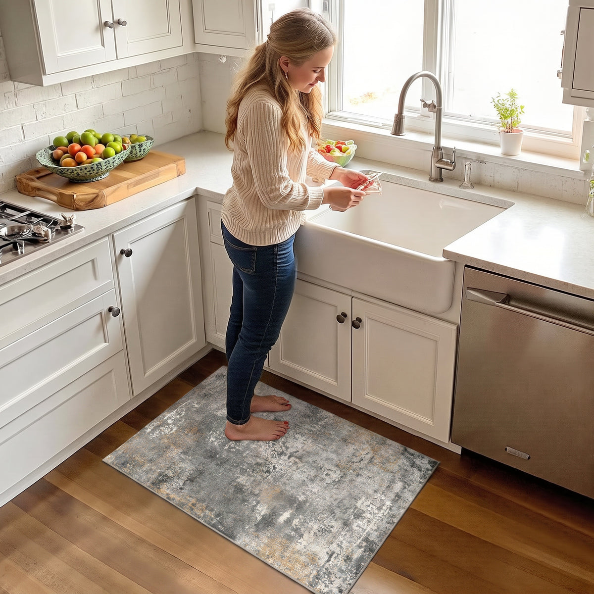 Roomisland Modern Abstract Area Rug 2x3, Machine Washable Small Kitchen Mat with Rubber Backing, Low Profile Floor Carpet for Bathroom Door, Modern Abstract Neutral Design